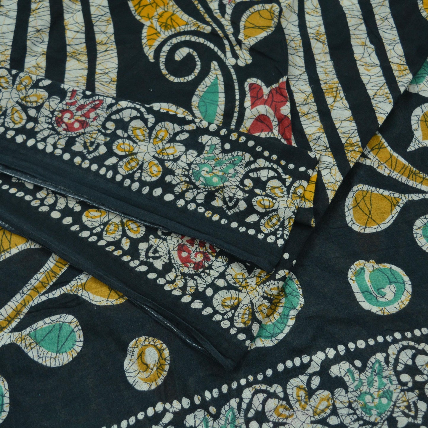 Indian Vintage Black Saree Batik Printed 100% Pure Cotton Indian Sari Craft Fabric 5Yd Soft Sewing Sarong Wrap Boho Quilting Upcycle