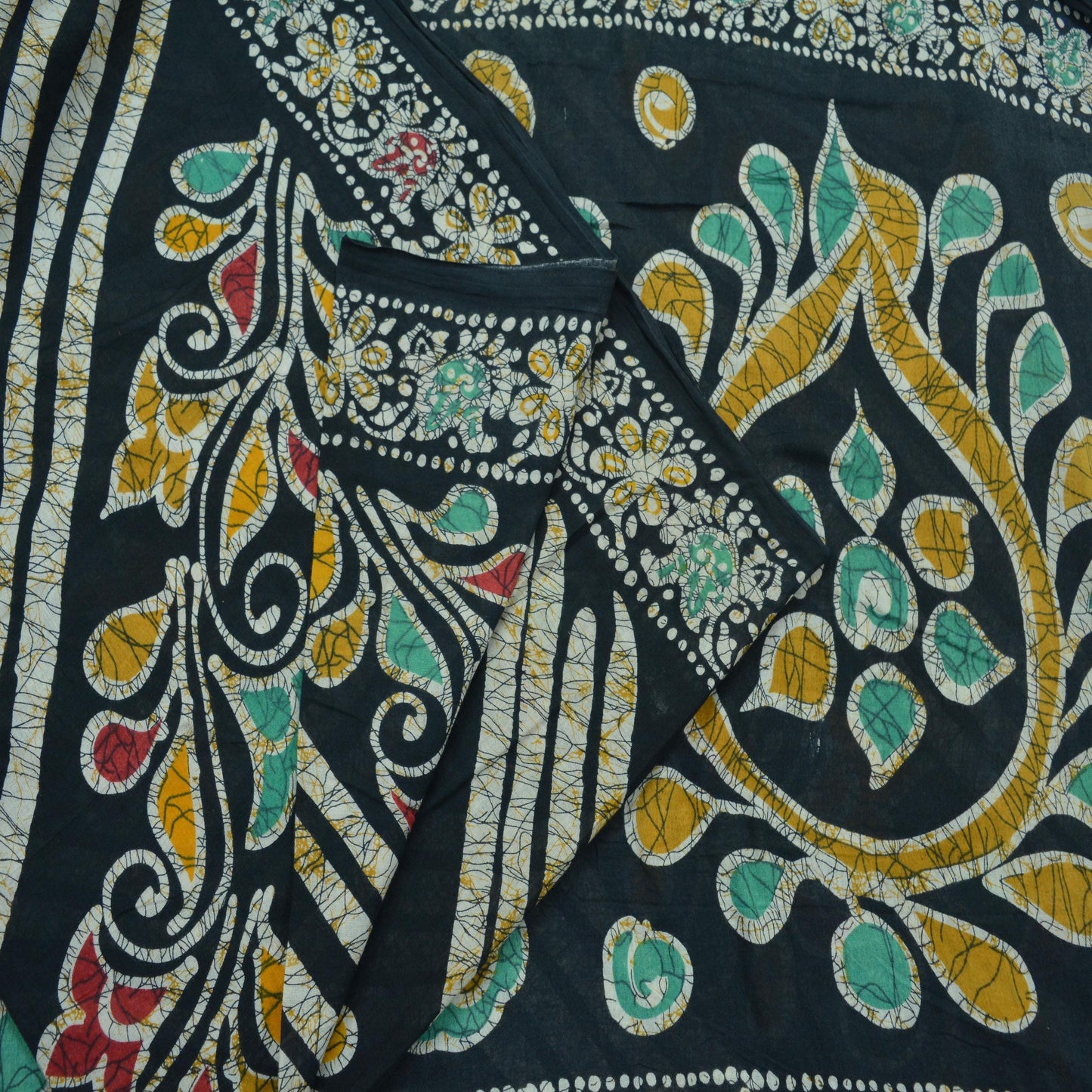 Indian Vintage Black Saree Batik Printed 100% Pure Cotton Indian Sari Craft Fabric 5Yd Soft Sewing Sarong Wrap Boho Quilting Upcycle