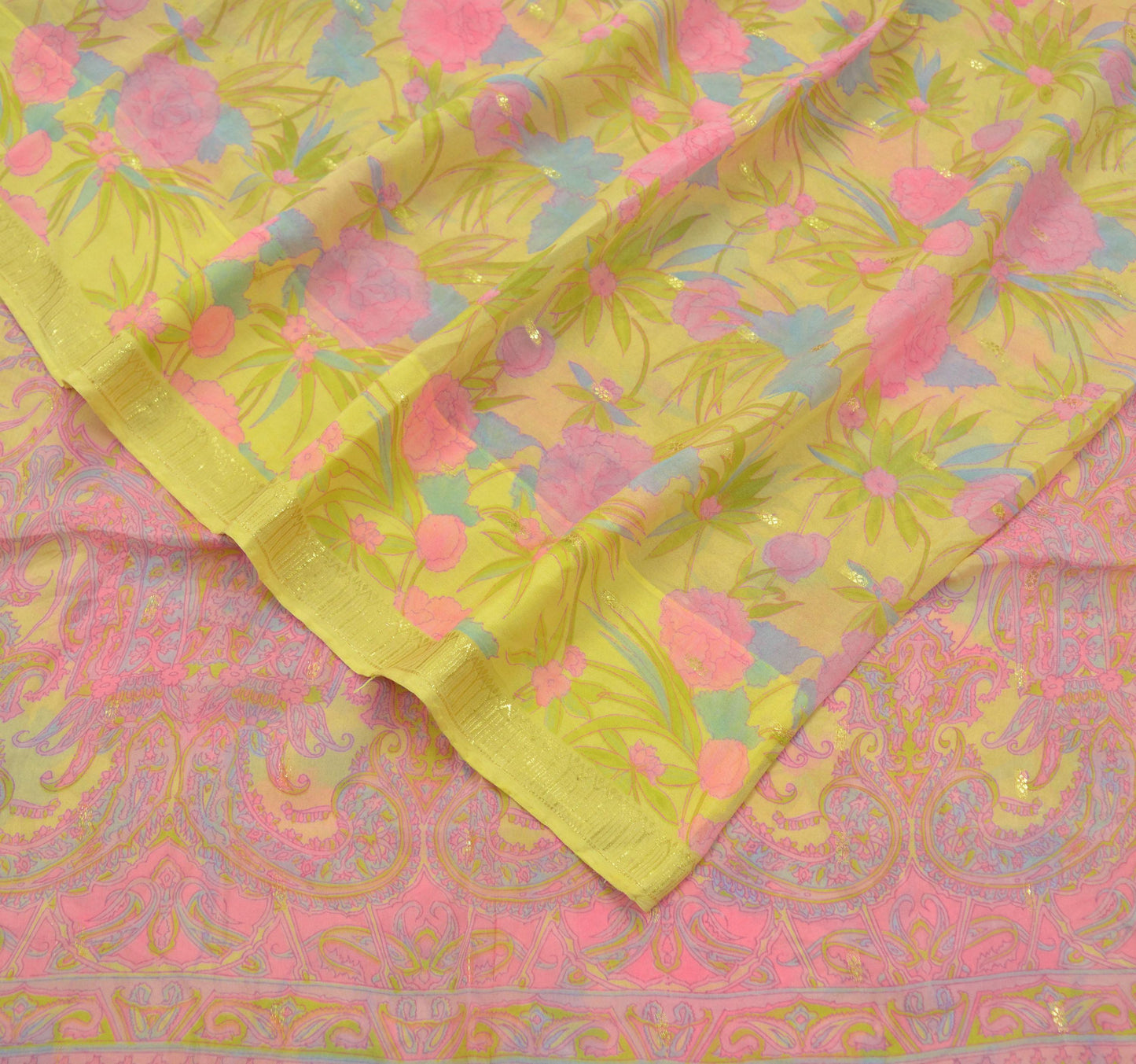 Indian Vintage Sari Yellow Pure Silk Printed Sarees 6yd Sewing Craft Fabric Dress Making Soft Zari Crafting Quilting Upcycle Paisley
