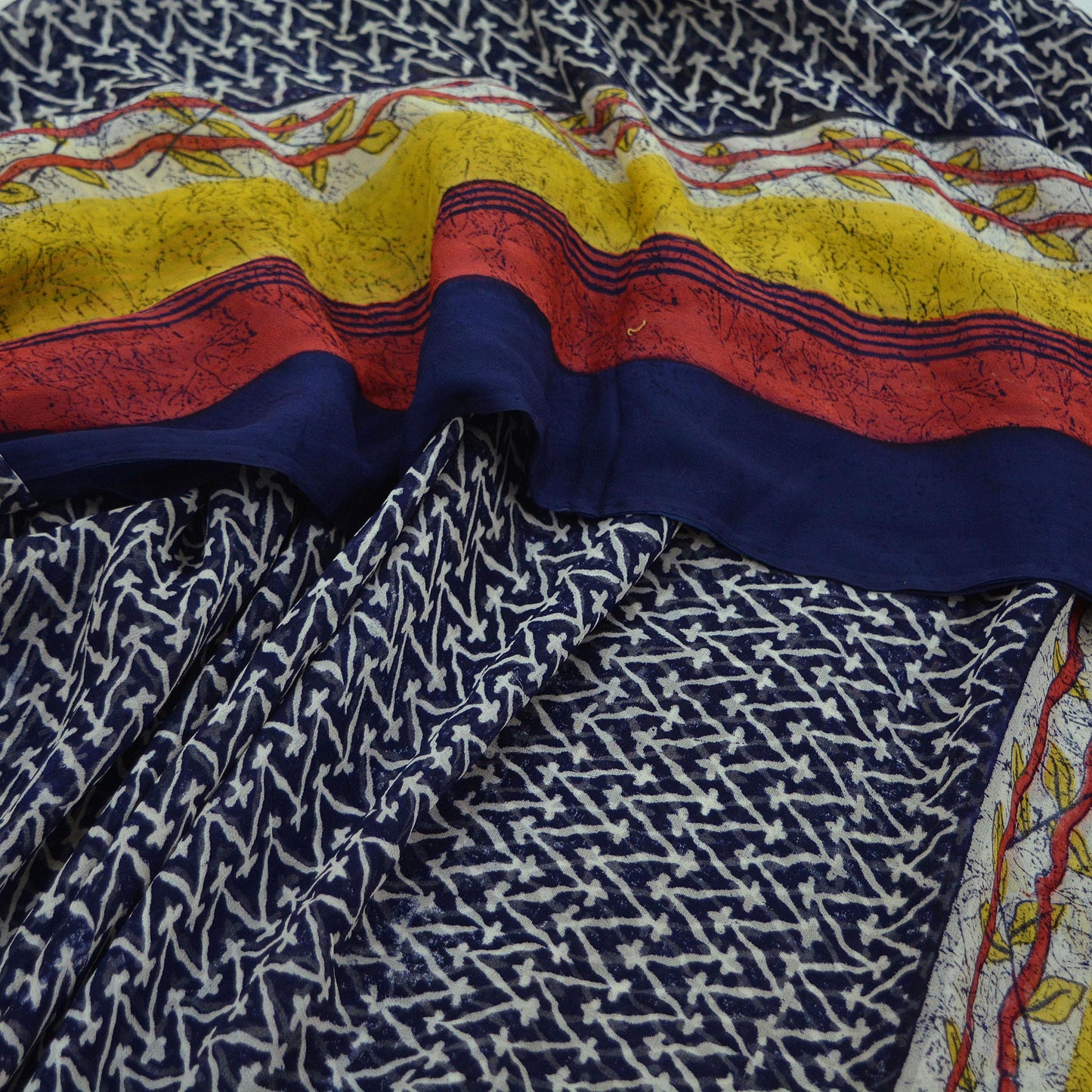 Women Vintage Blue Saree Pure Chiffon Silk Printed Sari Craft Fabric Sewing 5Yd Soft Dress Making Floral Crafting Upcycle Quilting