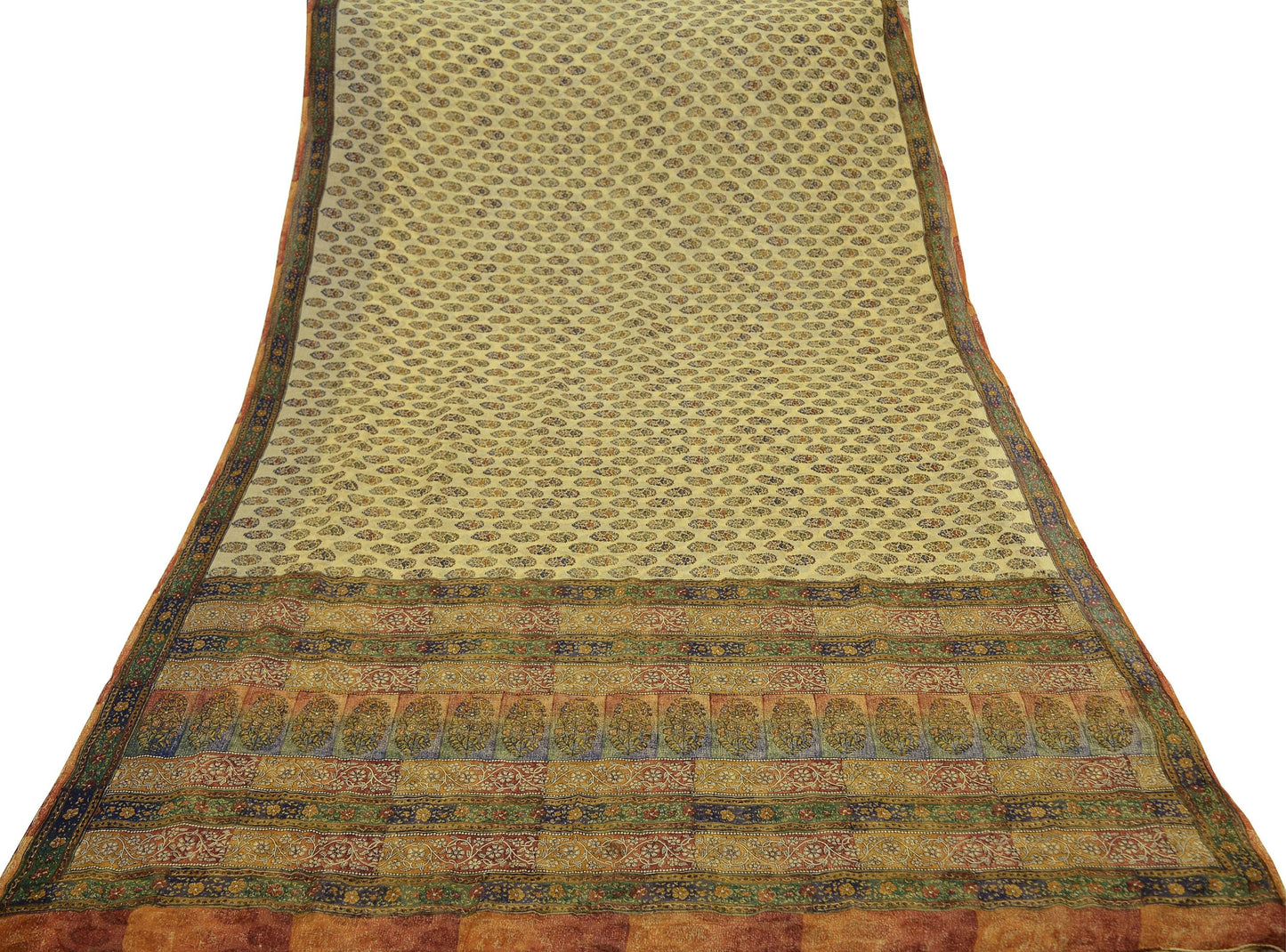 Women Vintage Sari Beige Pure Chiffon Silk Printed Sarees Craft Fabric Sewing 5Yd Soft Dress Making Floral Crafting Quilting Upcycle Used
