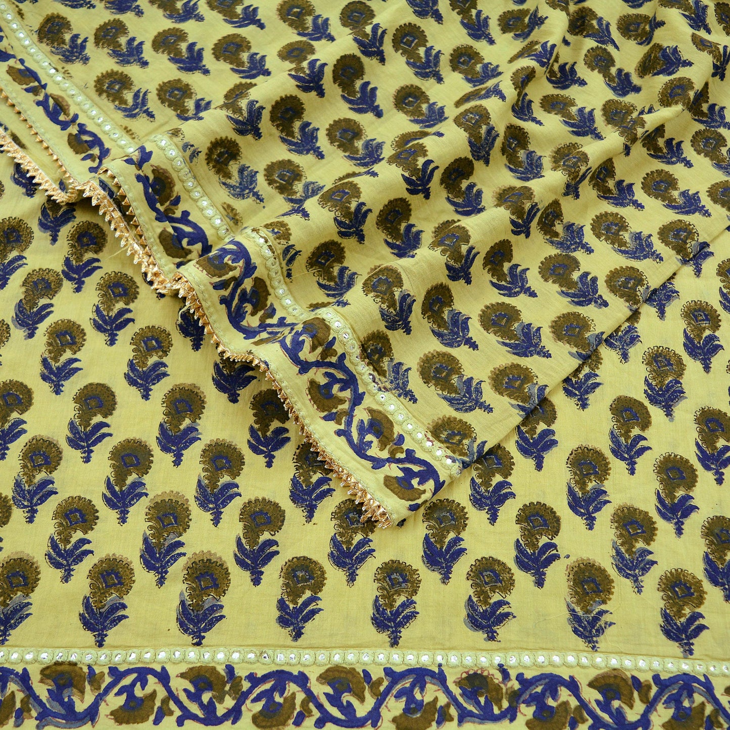 Indian Vintage Dupatta Green Long Stole Block Print 100% Pure Cotton Scarf Veil Soft Floral