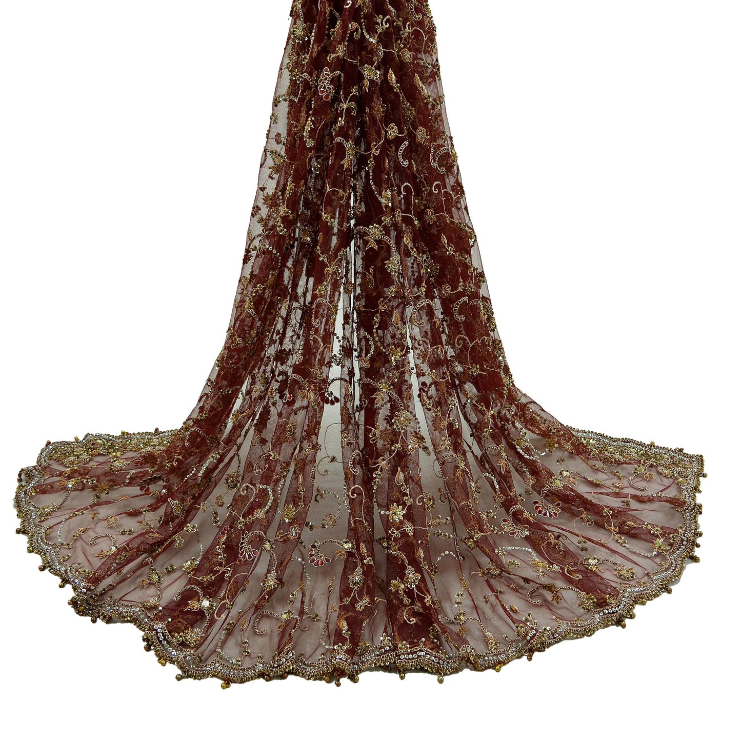 Indian Vintage Heavy Wedding Maroon Dupatta Net Mesh Long Stole Hand Embroidered Scarves Golden Zardozi Zari Sequins Dridal Veil Hijab