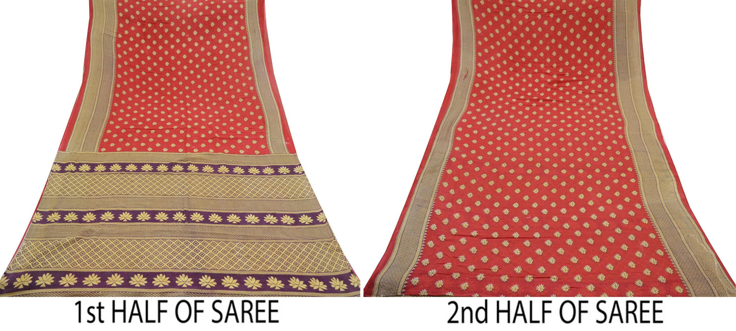 Indian Vintage Sari Purple & Red Printed Pure Cotton Saree Craft Fabric 5Yd Sewing Sarong Wrap Boho Floral Crafting Upcycle Quilting Used