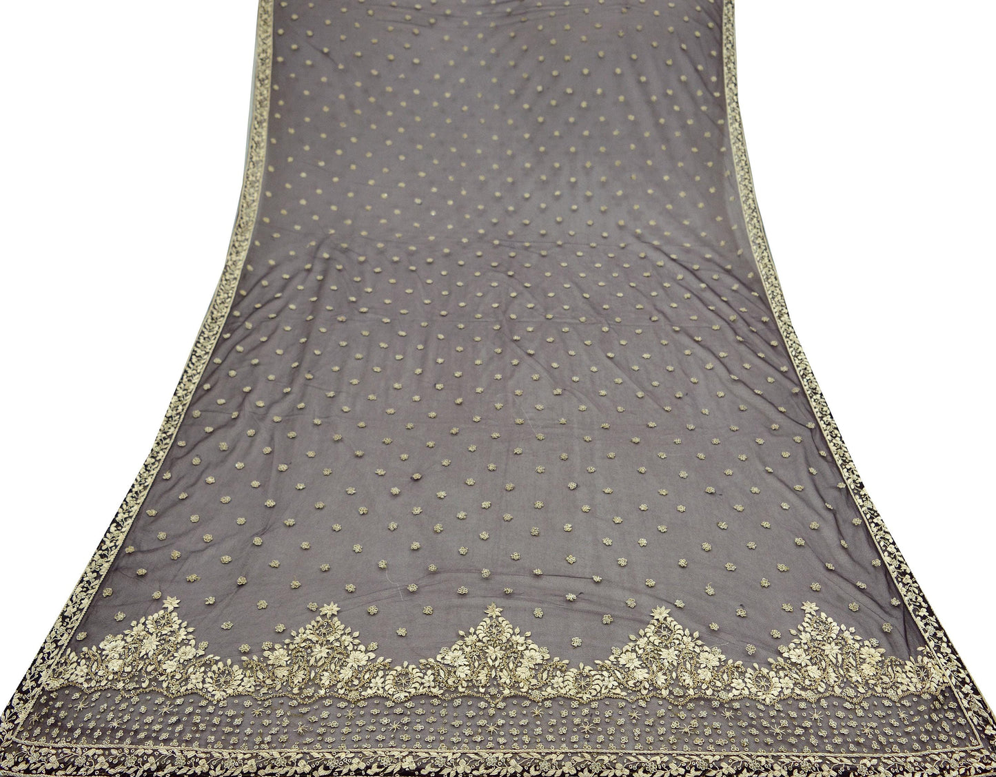 Indian Vintage Heavy Coffee Brown Dupatta Net Mesh Long Stole Hand Embroidered Scarves Golden Zardozi/Dabka Zari Sequins Stole
