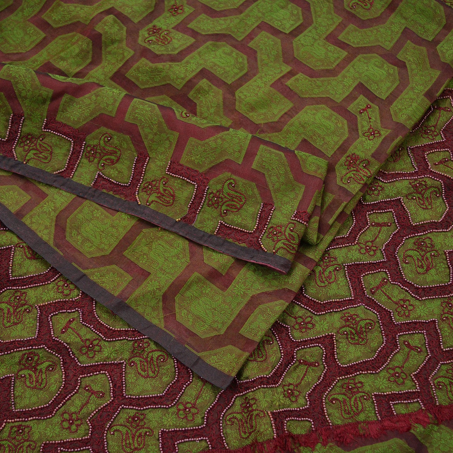 The vintage Creations Indian Vintage Sari Green & Maroon Hand Embroidered Saree Pure Organza Silk Fabric 5Yd Ethnic Dress Making Crafting