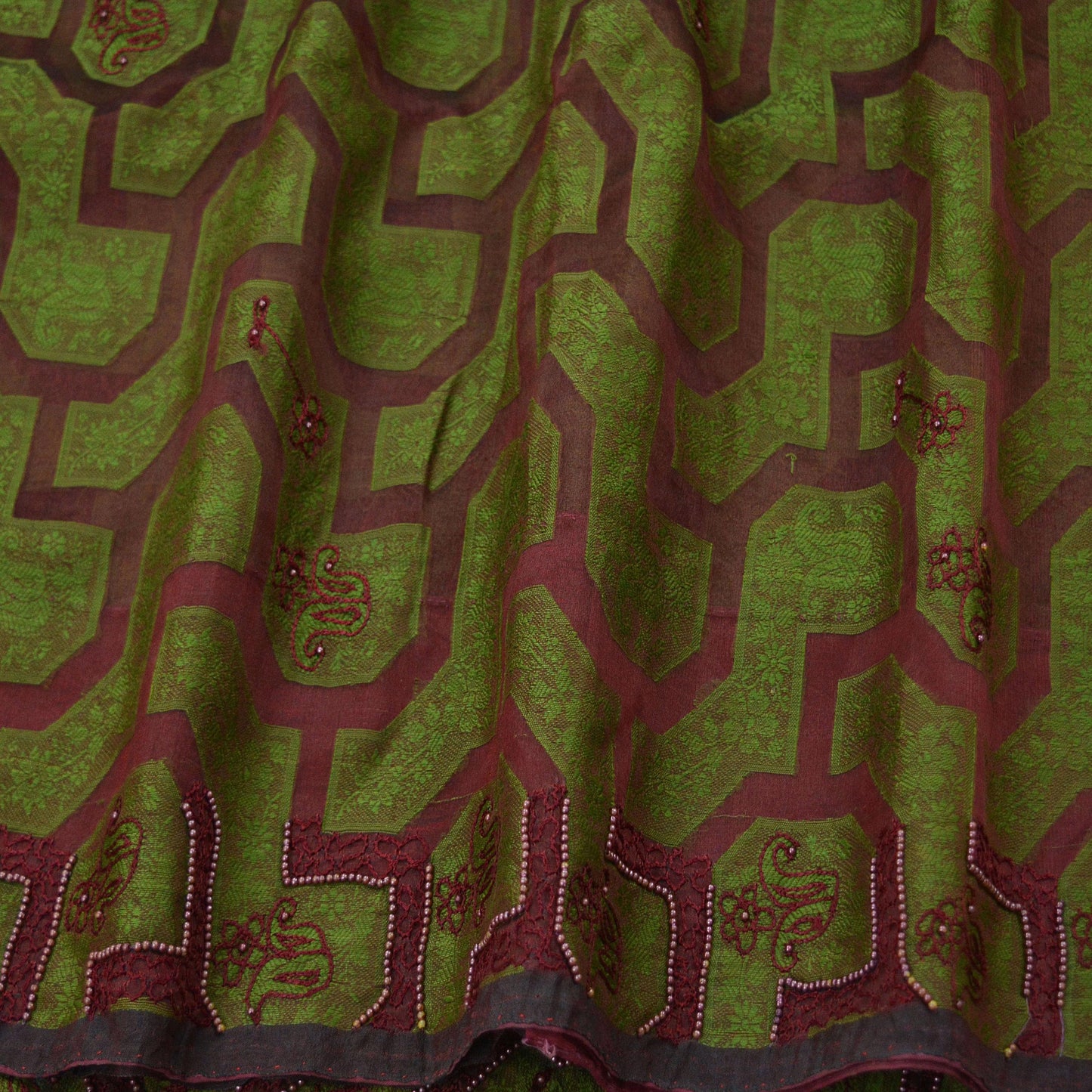 The vintage Creations Indian Vintage Sari Green & Maroon Hand Embroidered Saree Pure Organza Silk Fabric 5Yd Ethnic Dress Making Crafting