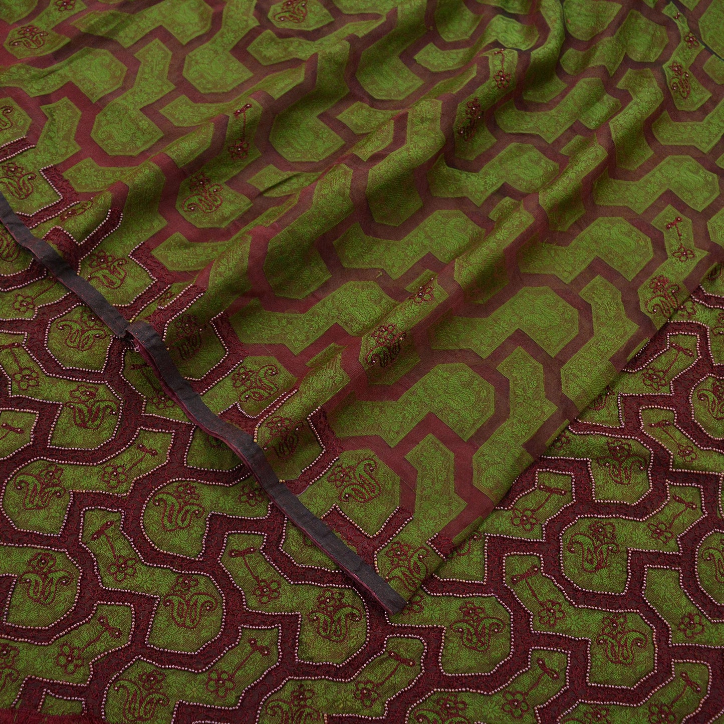 The vintage Creations Indian Vintage Sari Green & Maroon Hand Embroidered Saree Pure Organza Silk Fabric 5Yd Ethnic Dress Making Crafting