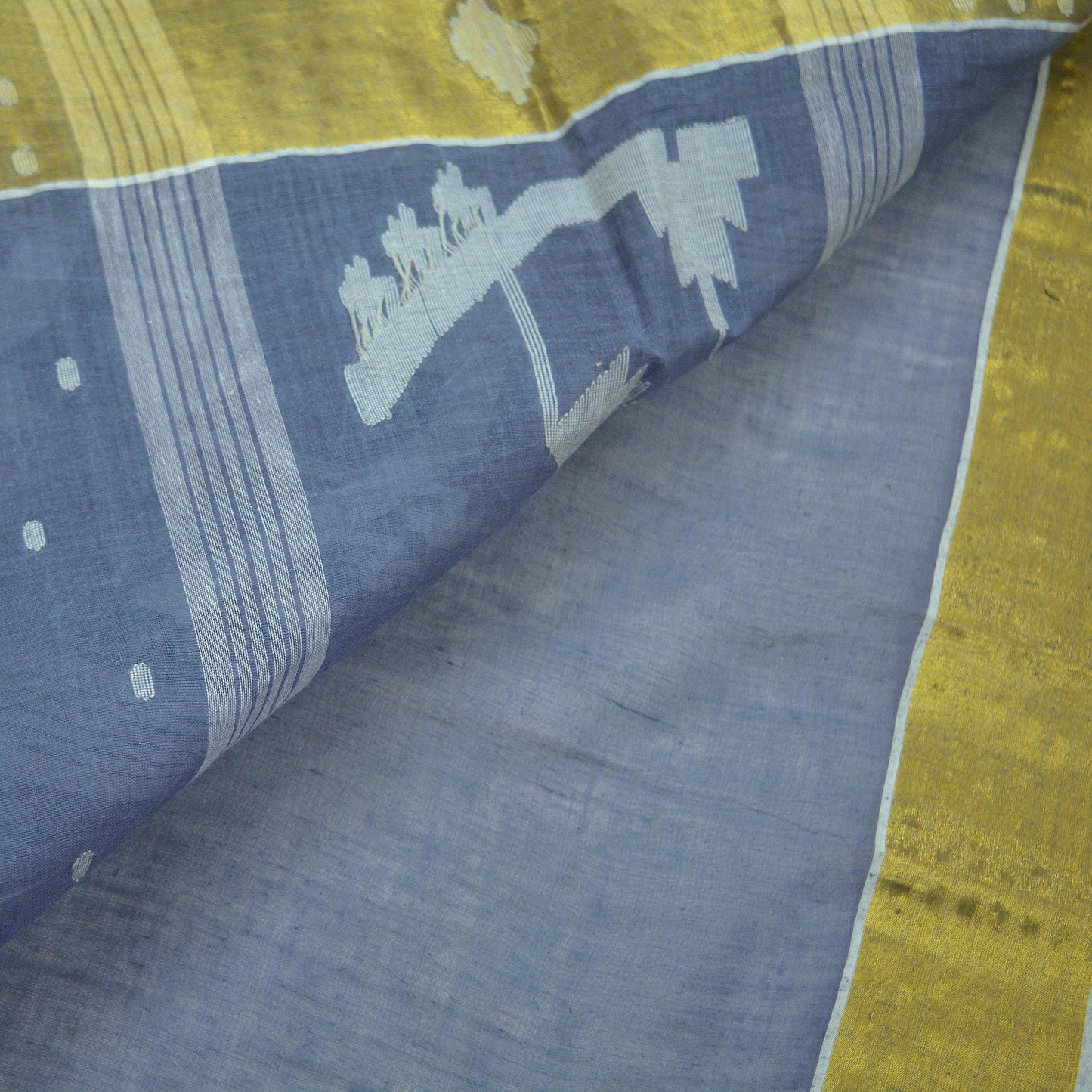 Indian Vintage Sarees Gray Pure Cotton Hand Woven Jamdani Sari 5yd Ethnic Floral Craft Fabric Dress making Upcycle Crafting Quilting
