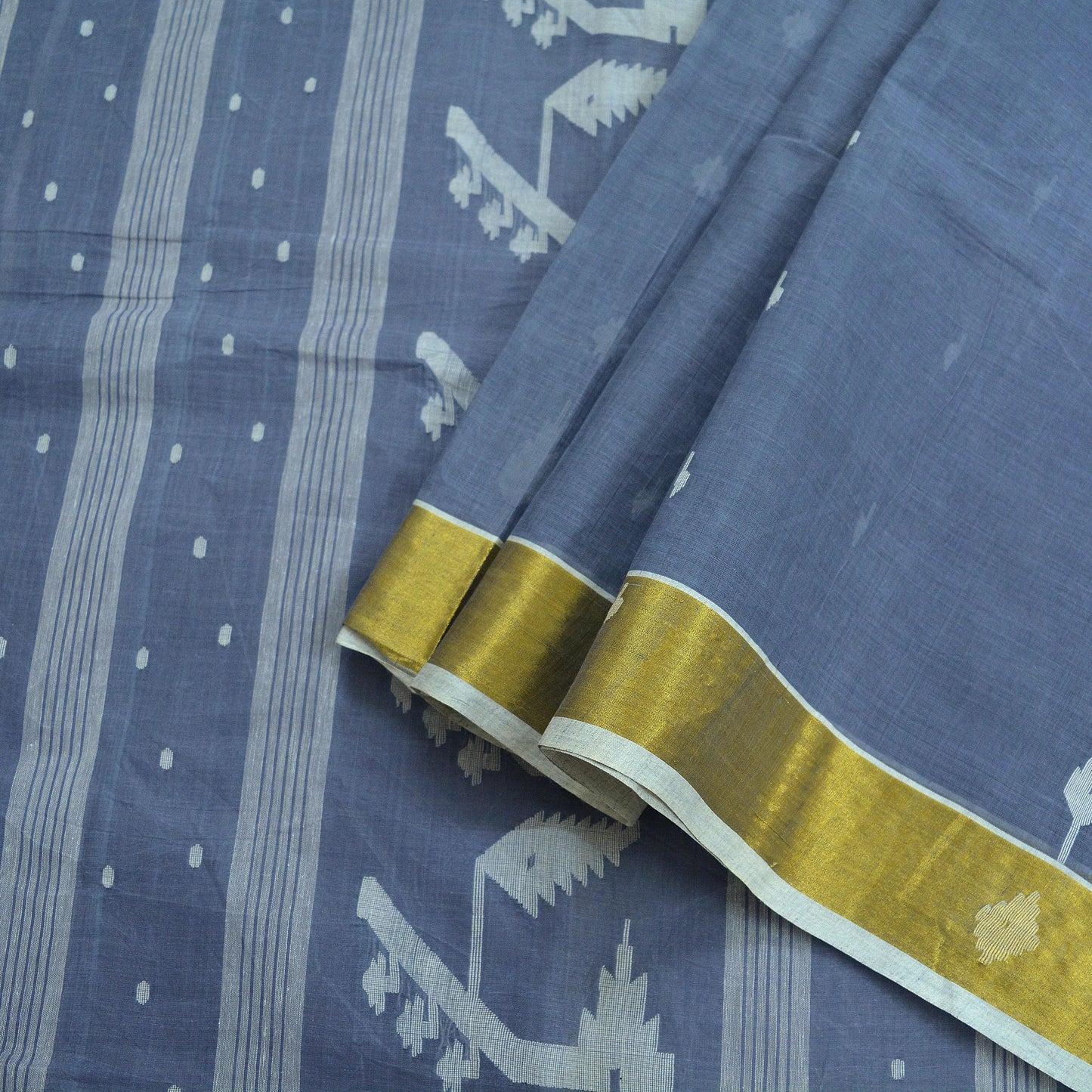 Indian Vintage Sarees Gray Pure Cotton Hand Woven Jamdani Sari 5yd Ethnic Floral Craft Fabric Dress making Upcycle Crafting Quilting