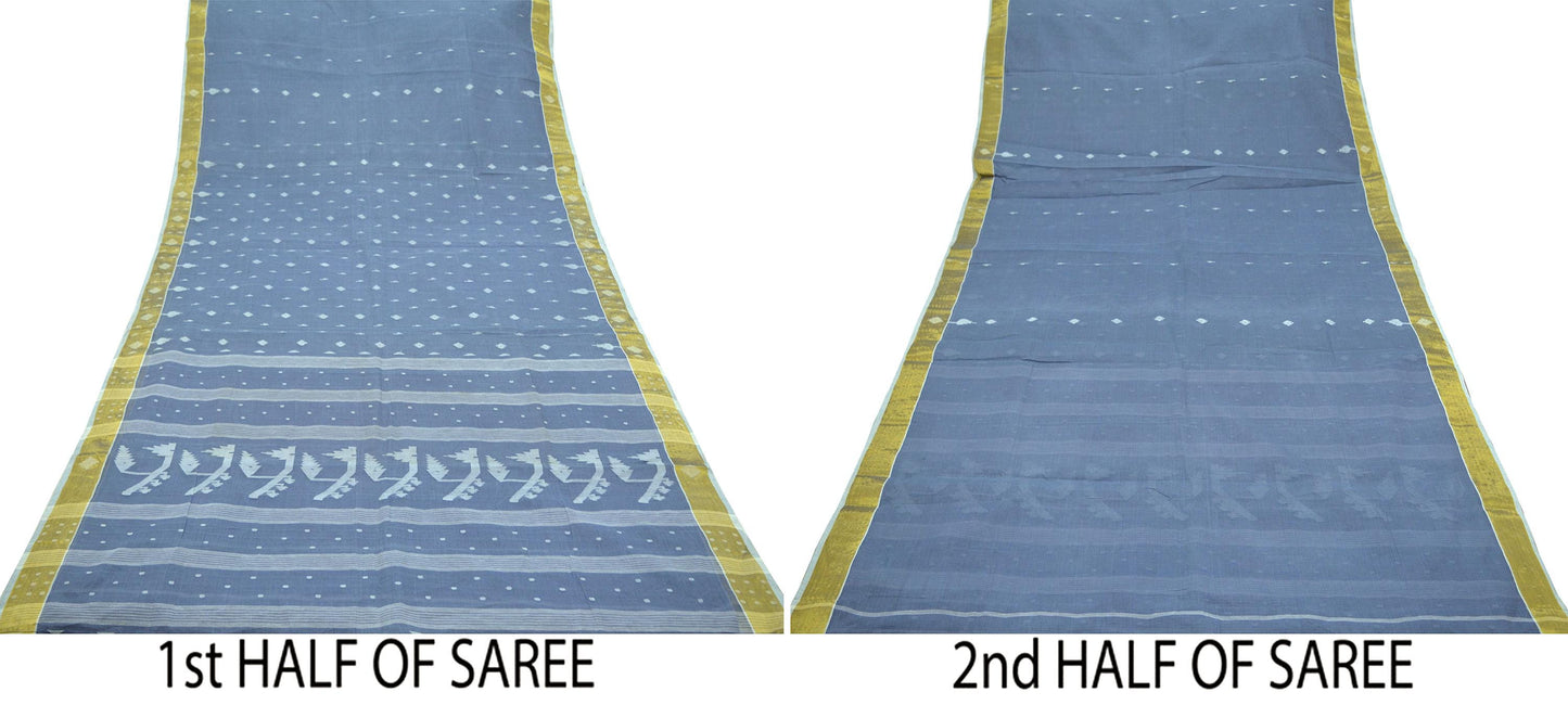 Indian Vintage Sarees Gray Pure Cotton Hand Woven Jamdani Sari 5yd Ethnic Floral Craft Fabric Dress making Upcycle Crafting Quilting