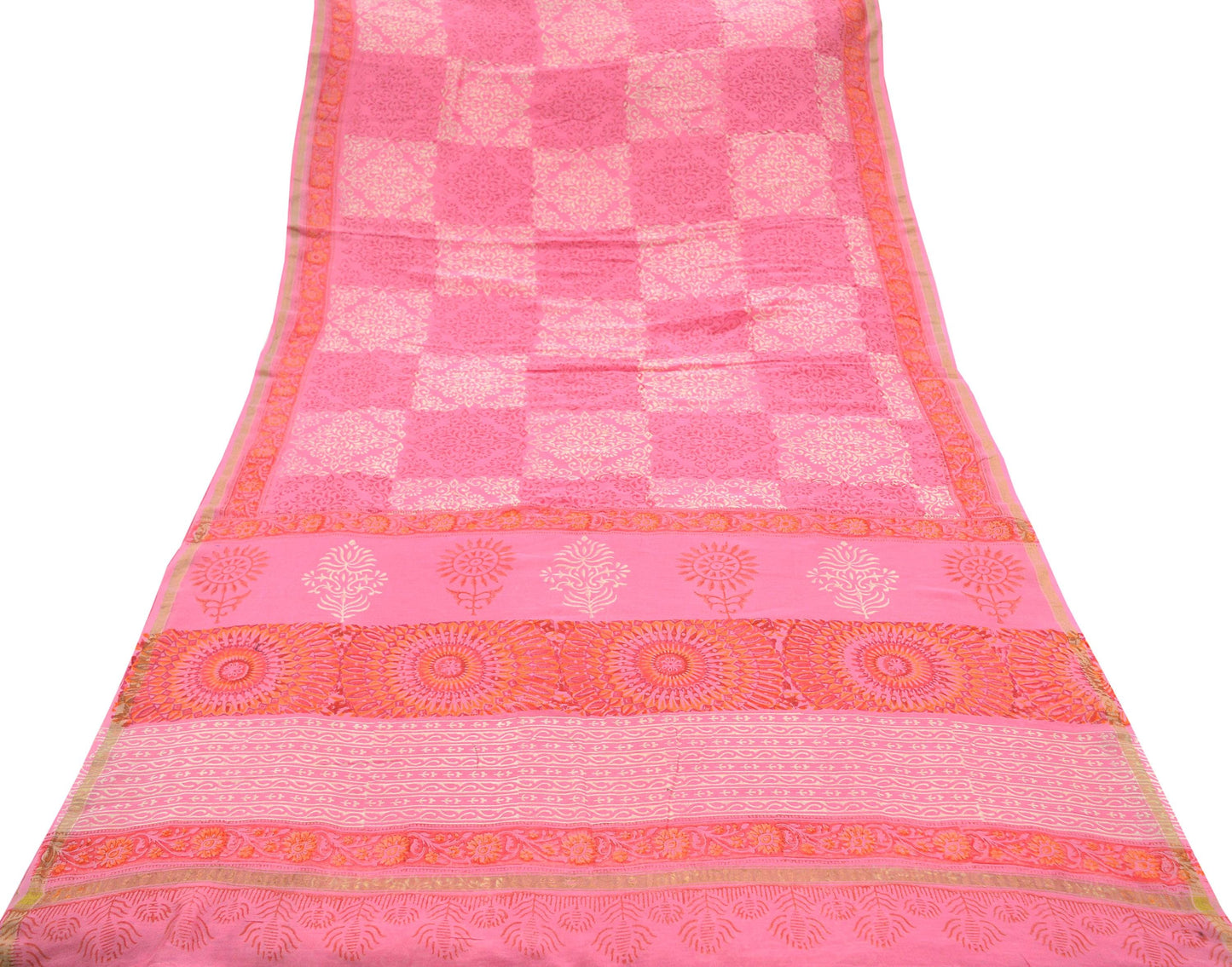 Indian Vintage Sari Pink Pure chanderi Silk Bagru Printed Saree 5Yd Fabric Floral Soft Zari Border Ethnic Upcycle Crafting Dress making