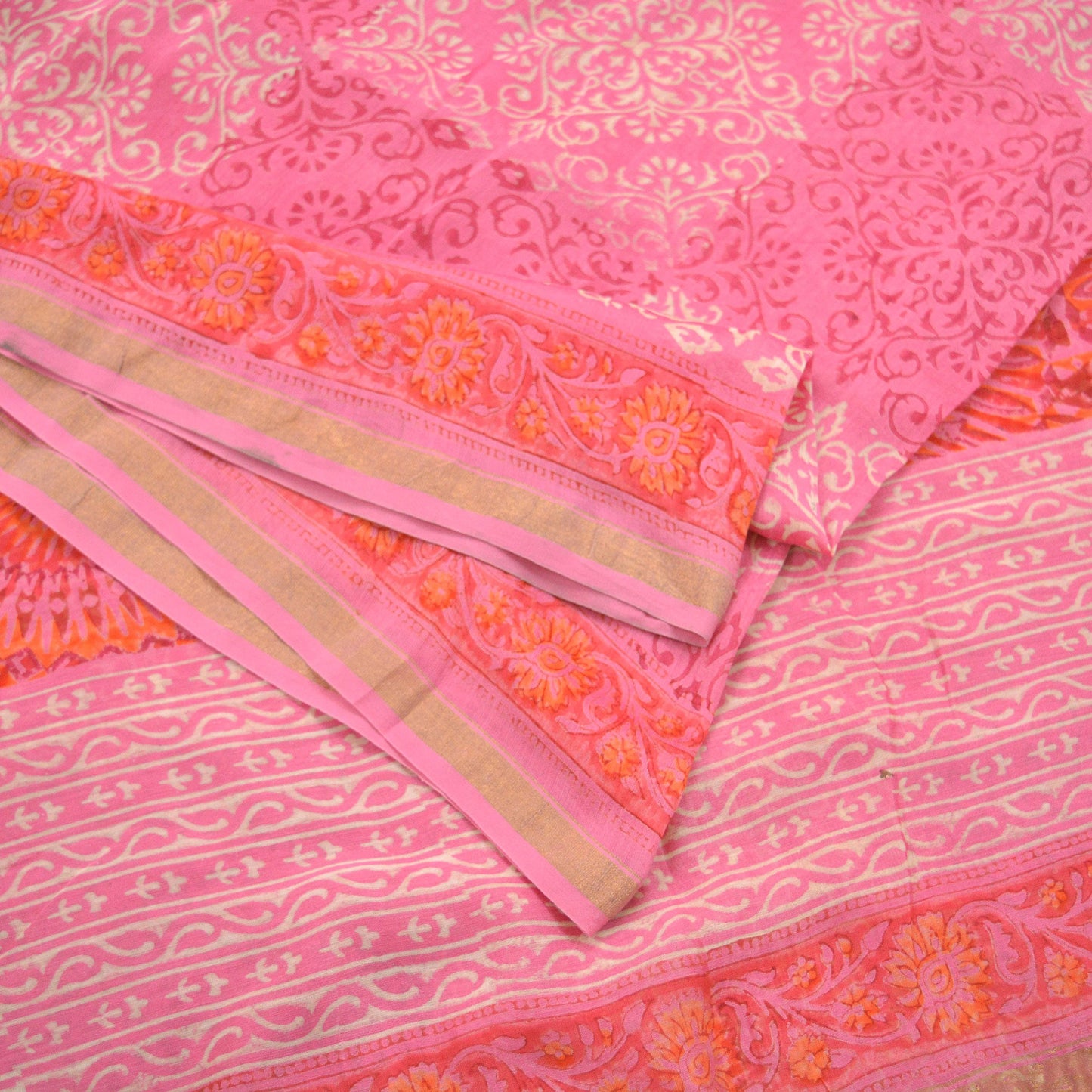 Indian Vintage Sari Pink Pure chanderi Silk Bagru Printed Saree 5Yd Fabric Floral Soft Zari Border Ethnic Upcycle Crafting Dress making