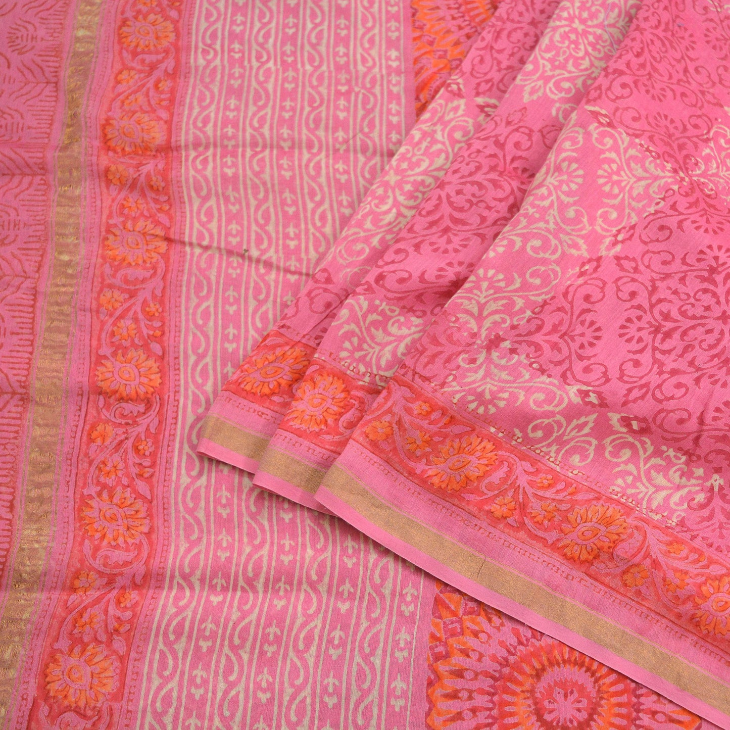 Indian Vintage Sari Pink Pure chanderi Silk Bagru Printed Saree 5Yd Fabric Floral Soft Zari Border Ethnic Upcycle Crafting Dress making