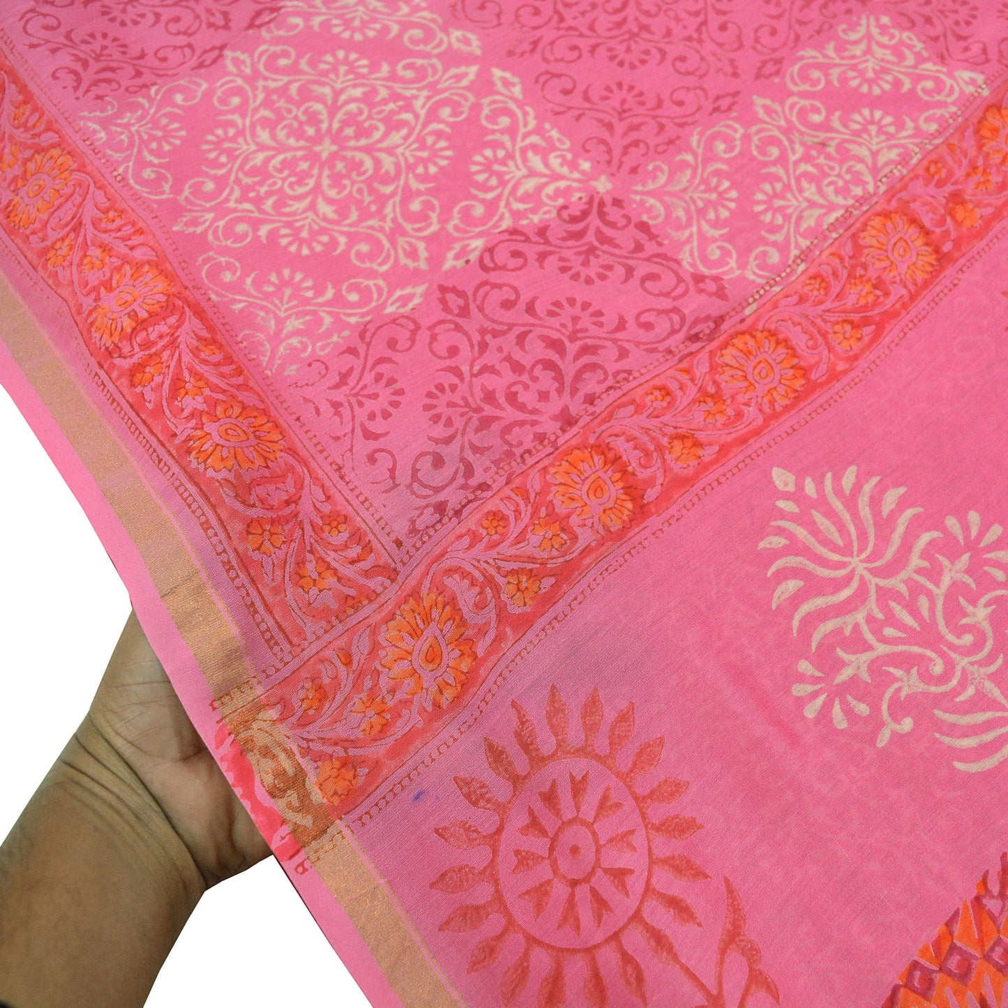 Indian Vintage Sari Pink Pure chanderi Silk Bagru Printed Saree 5Yd Fabric Floral Soft Zari Border Ethnic Upcycle Crafting Dress making