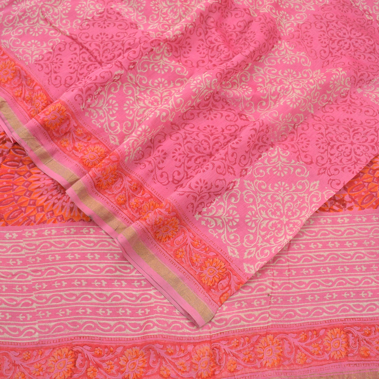 Indian Vintage Sari Pink Pure chanderi Silk Bagru Printed Saree 5Yd Fabric Floral Soft Zari Border Ethnic Upcycle Crafting Dress making