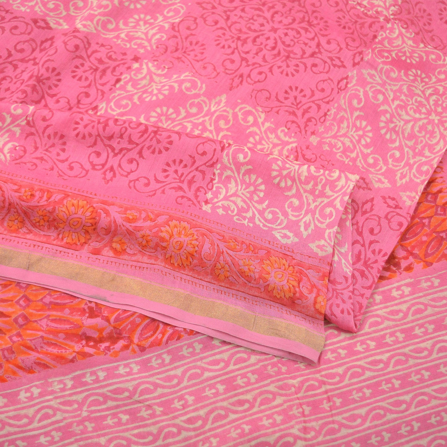 Indian Vintage Sari Pink Pure chanderi Silk Bagru Printed Saree 5Yd Fabric Floral Soft Zari Border Ethnic Upcycle Crafting Dress making