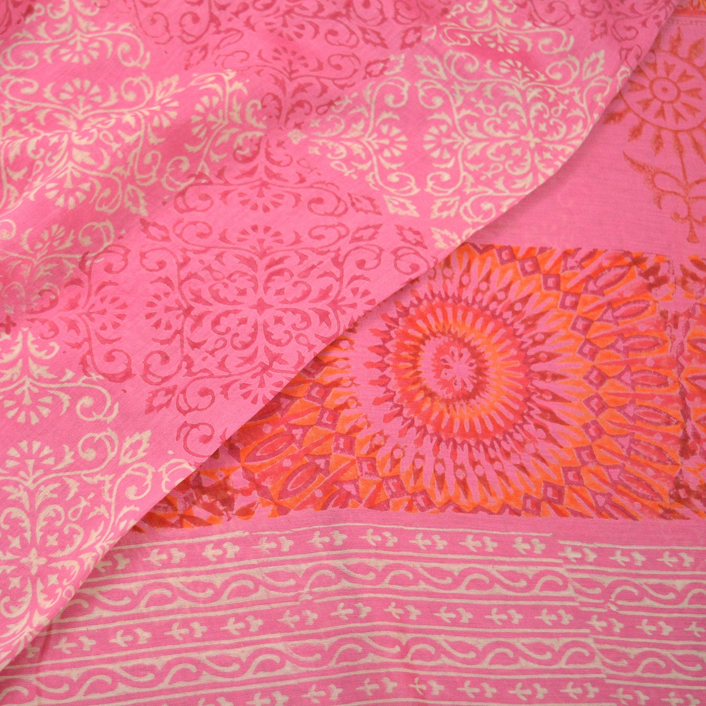 Indian Vintage Sari Pink Pure chanderi Silk Bagru Printed Saree 5Yd Fabric Floral Soft Zari Border Ethnic Upcycle Crafting Dress making