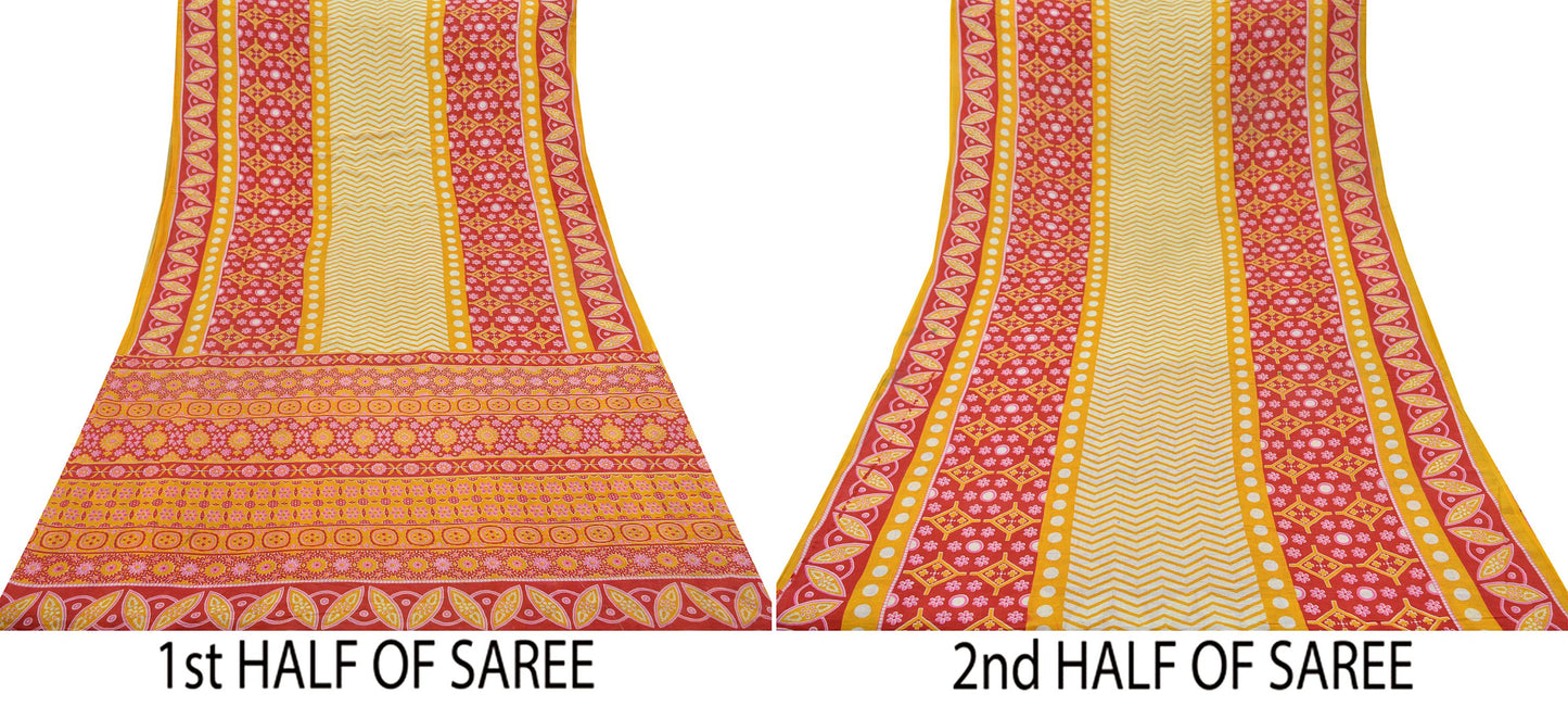 Indian Vintage Red Saree Printed Pure Cotton Sari Craft Fabric Soft 5Yd Sewing Sarong Wrap Boho Quilting Crafting Upcycle Dress making