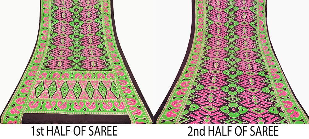 Indian Vintage Sari Black & Green 100% Pure Silk Printed Saree 5yd Sewing Craft Fabric Dress Making Soft Bird Crafting Quilting Upcycle