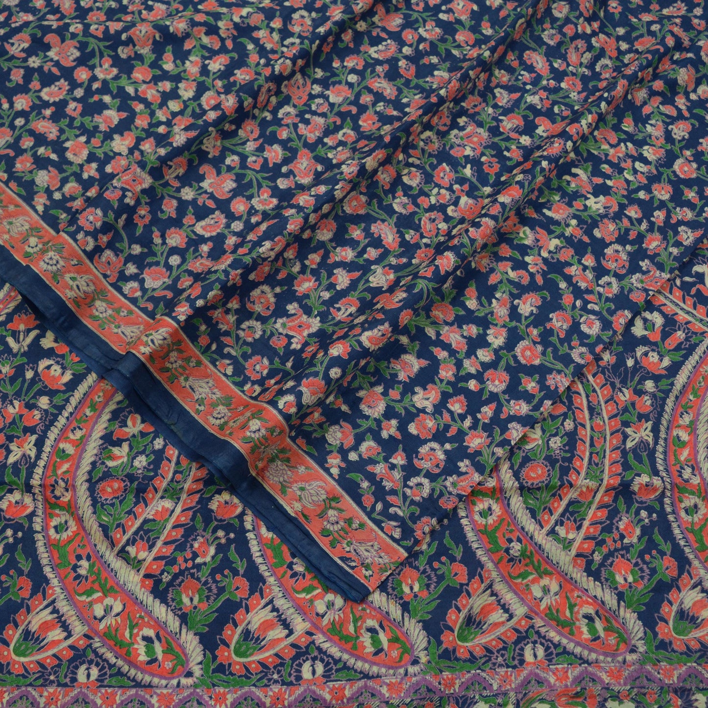 Vintage Blue & Green Saree Artificial Silk Printed Sari Sewing 5yd Craft Fabric Soft Floral Crafting Dress Making Crafting Quilting Upcycle