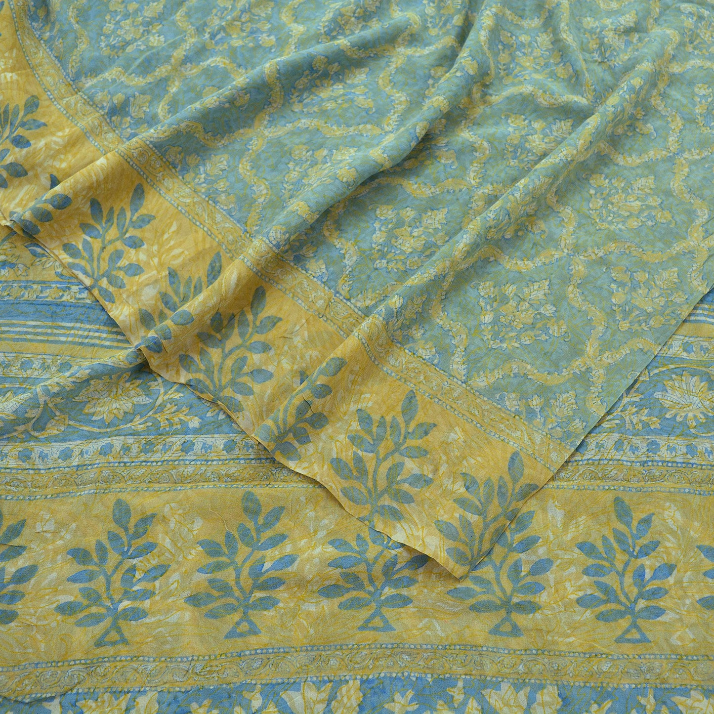Indian Vintage Sari Beige & Blue Pure Georgette Silk Saree Craft Fabric Sewing 6Yard Soft Light Dress Making Floral