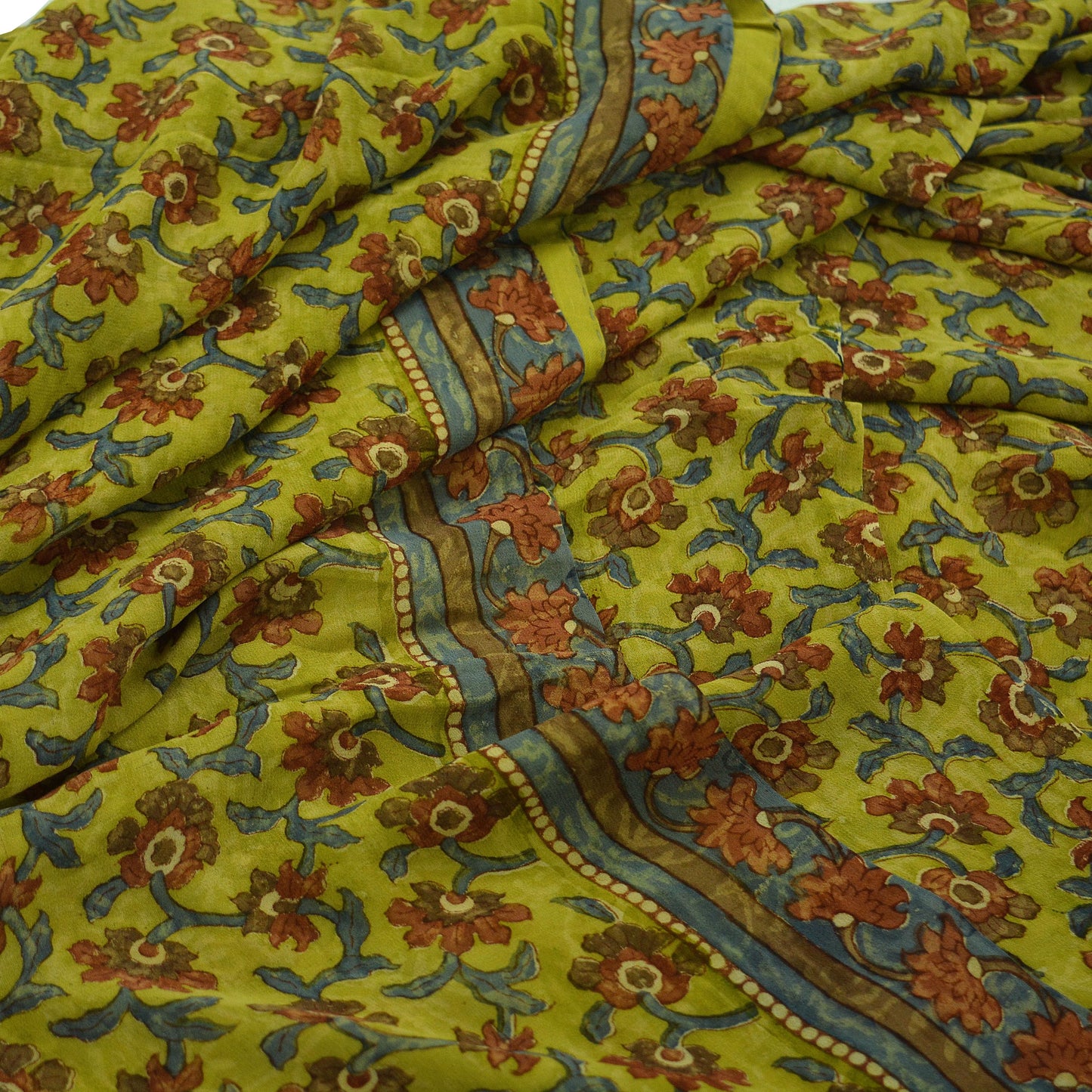 Indian Vintage Sari Green Pure Georgette Silk Block Printed Sarees Craft Fabric Sewing 5Yd Soft Sari Dress Making Crafting Quilting Upcycle