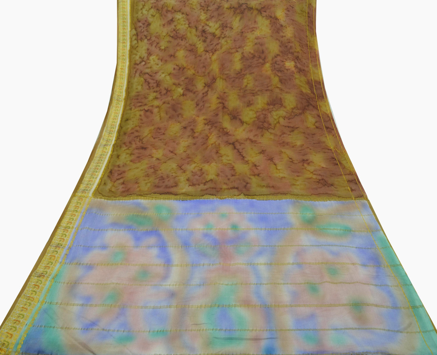 Indian Vintage Green & Brown Saree Pure Silk Printed Sari 5yd Sewing Zari Craft Fabric Dress Making Soft Crafting Quilting