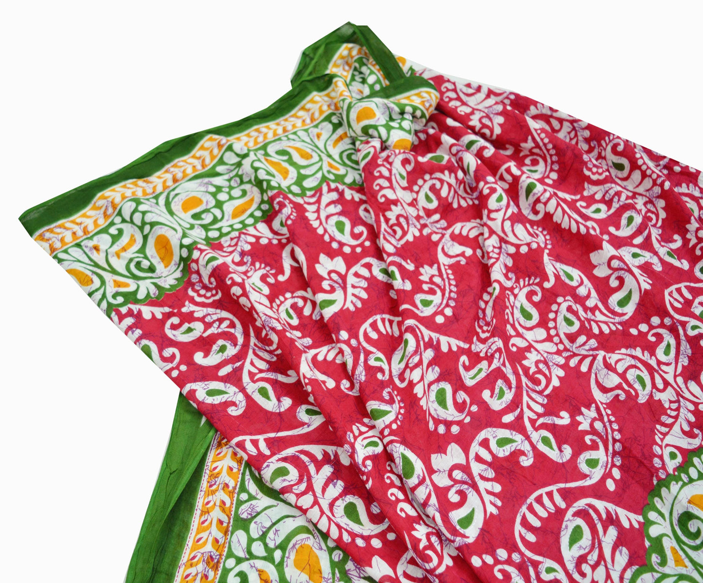 Indian Vintage Sari Red & Green Batik Printed Saree 100% Pure Cotton 5Yd Craft Fabric Soft Sewing Sarong Wrap Boho Quilting Dress Making