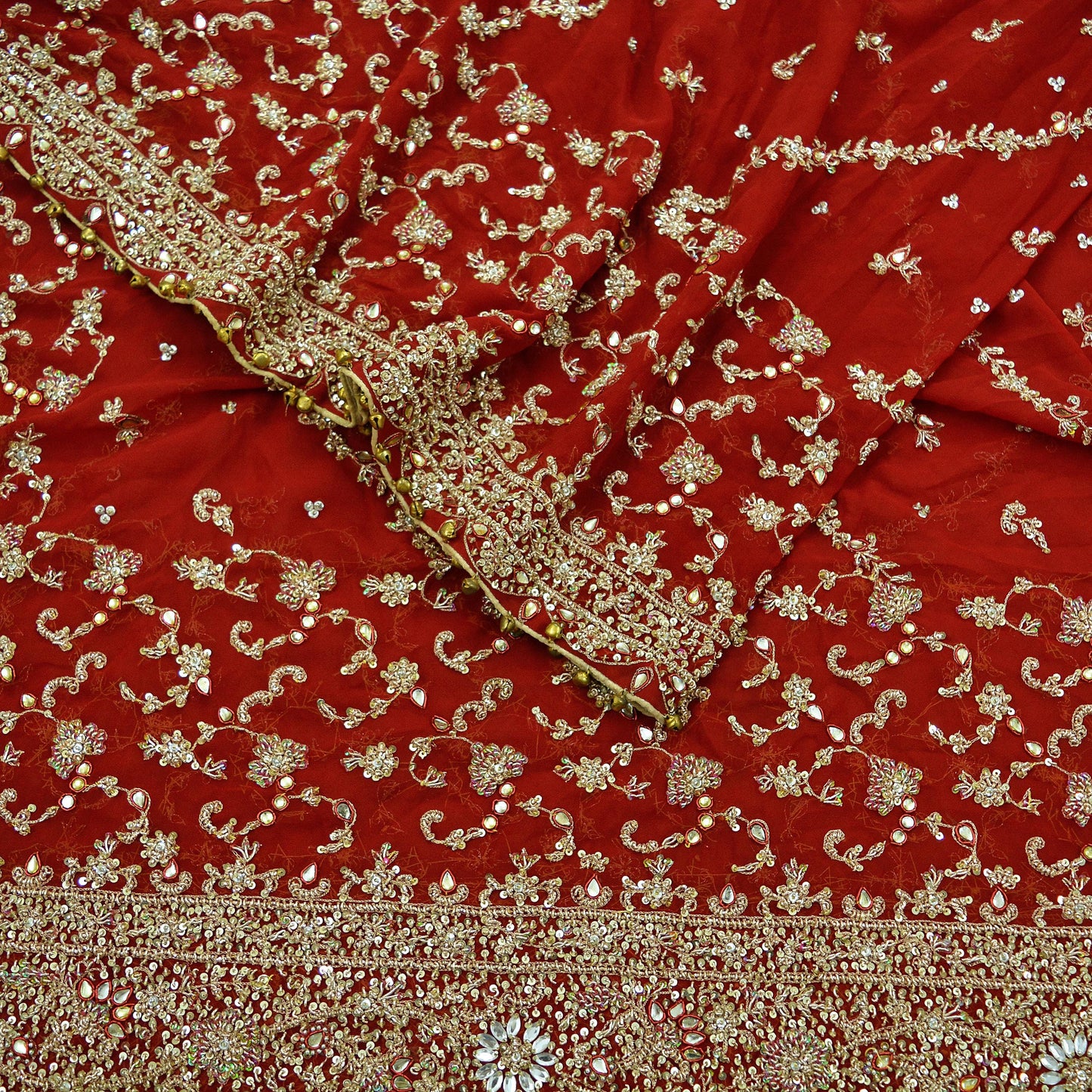 Indian Vintage Heavy Red Dupatta Pure Georgette Silk Long Stole Hand Embroidered Scarf Zardozi/Dabka Bridal/Wedding Veil Hijab