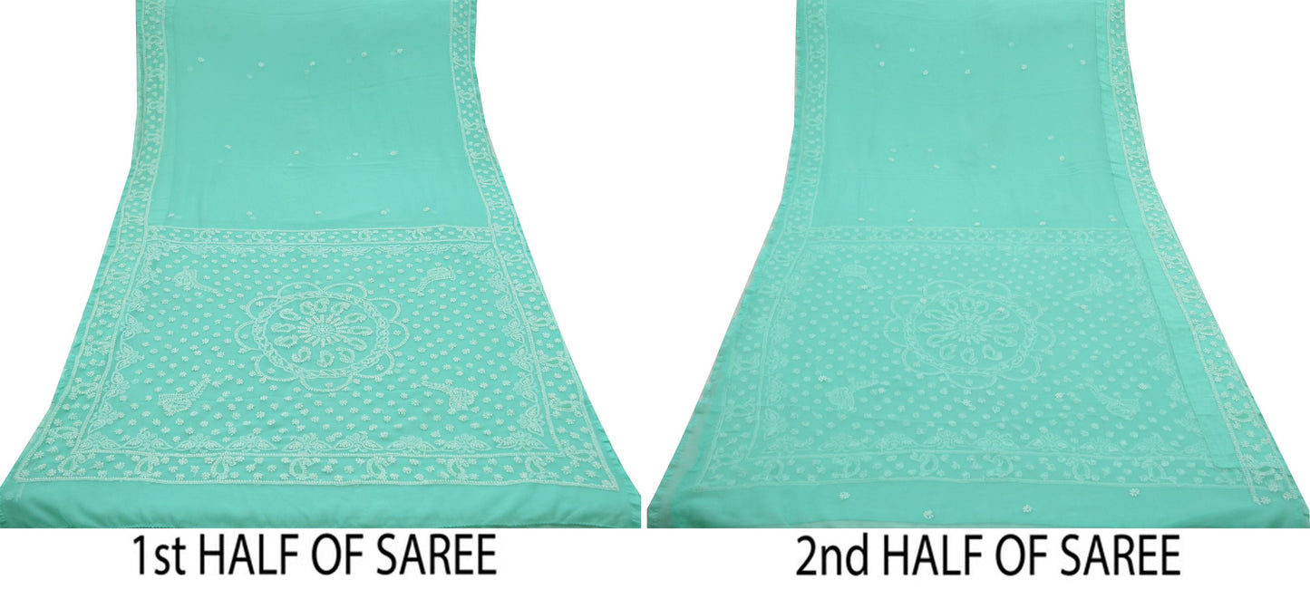 Indian Vintage Sari Green Georgette Handmade Chikankari Sarees Craft Fabric 5Yd Ethnic Floral Dress making Bollywood sari Crafting