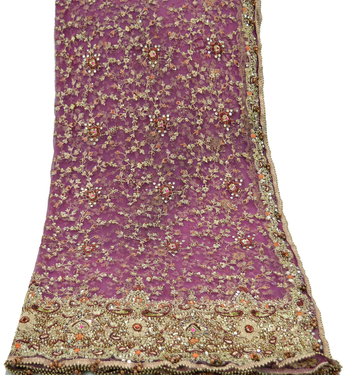 Indian Vintage Heavy Purple Dupatta Net Mesh Long Stole Hand Embroidered Scarves Golden Zardozi Dabka Zari Bridal/Wedding Veil