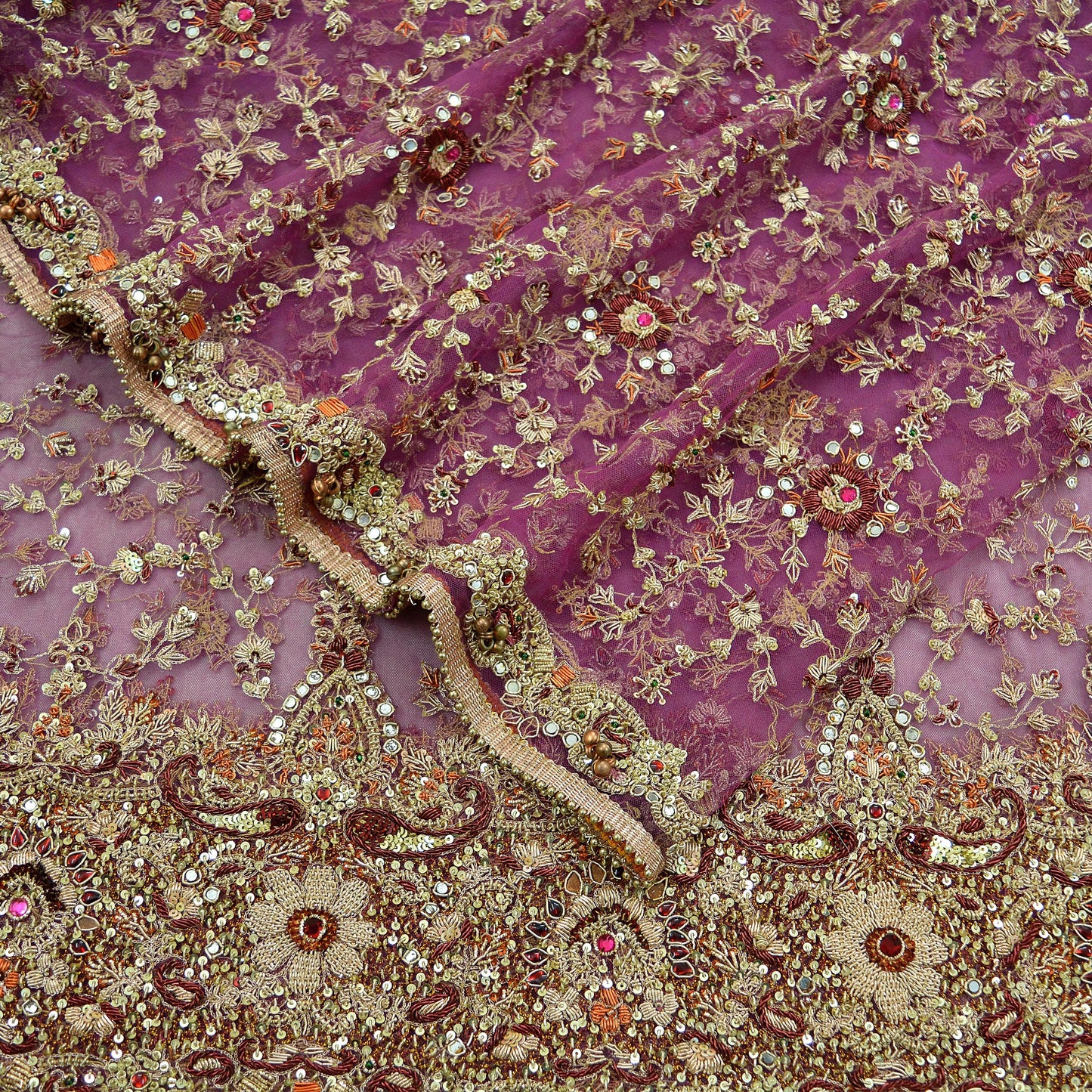 Indian Vintage Heavy Purple Dupatta Net Mesh Long Stole Hand Embroidered Scarves Golden Zardozi Dabka Zari Bridal/Wedding Veil