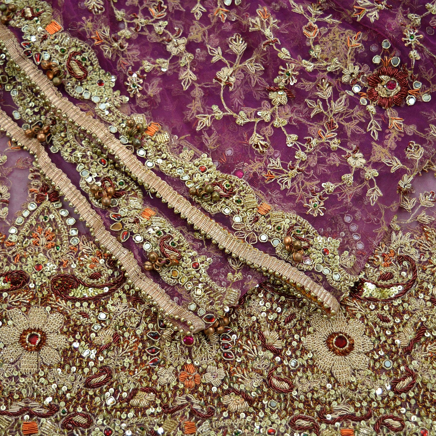 Indian Vintage Heavy Purple Dupatta Net Mesh Long Stole Hand Embroidered Scarves Golden Zardozi Dabka Zari Bridal/Wedding Veil