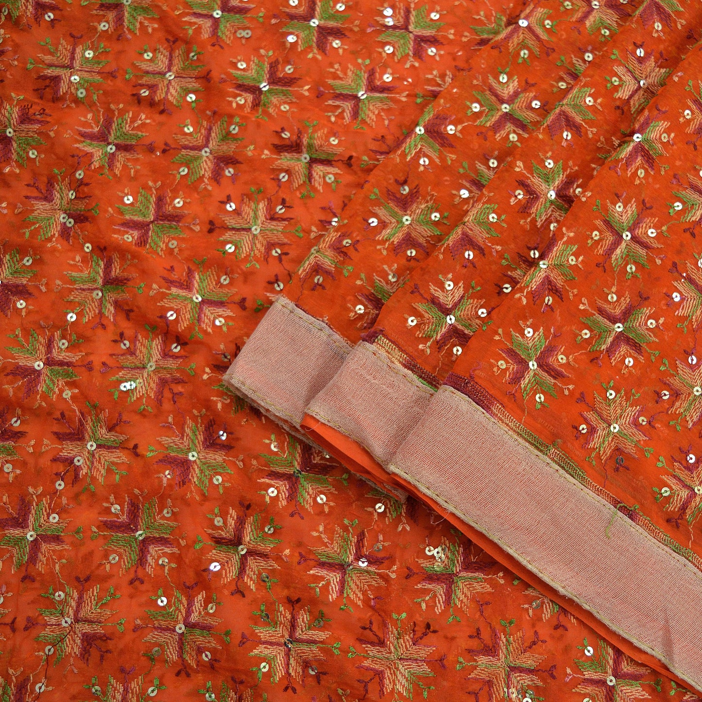 Indian Vintage Orange Sarees Chiffon Embroidered Bagh Phulkari Indian Sari Craft Fabric 5Yard Dress Making Sewing