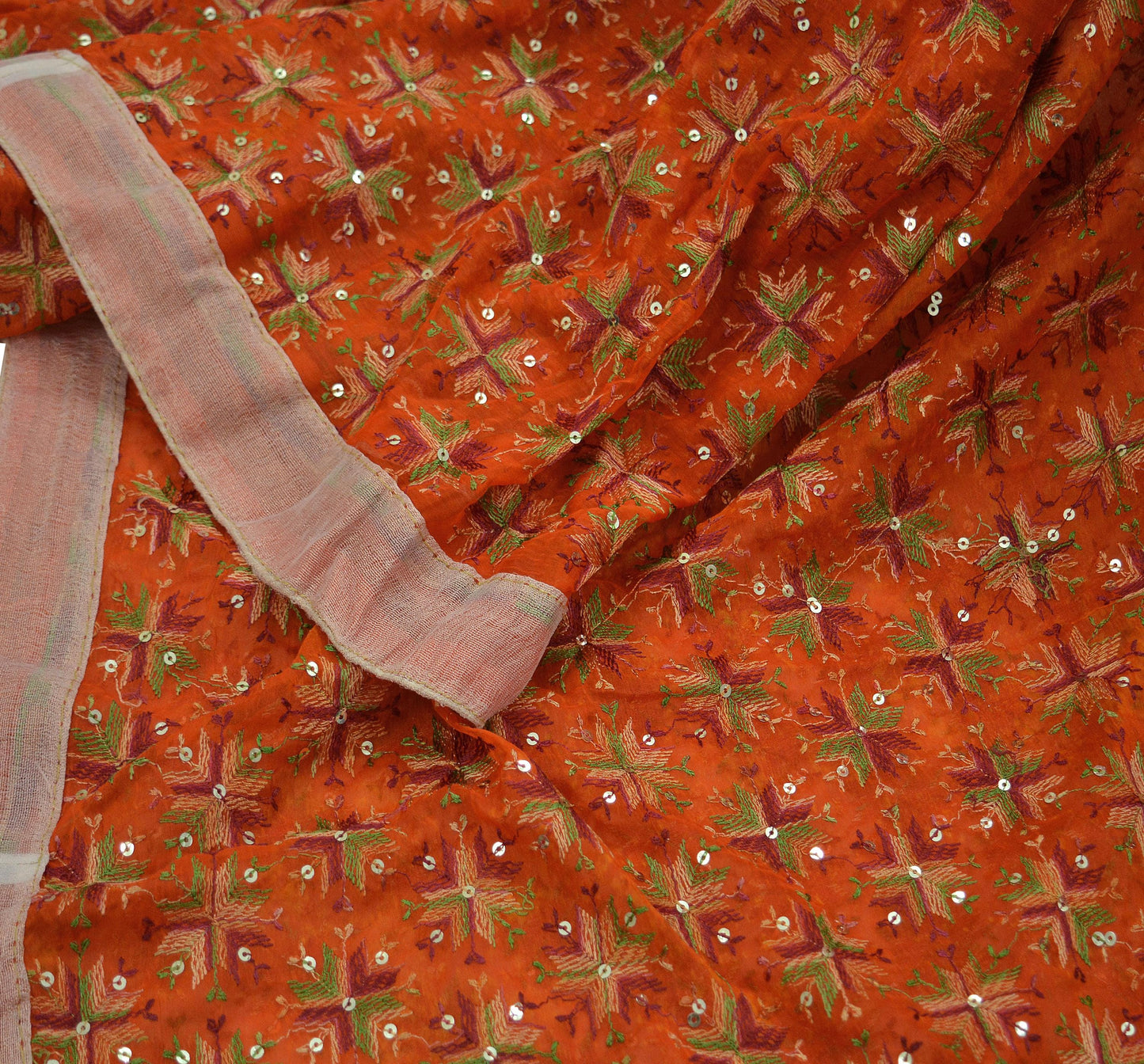 Indian Vintage Orange Sarees Chiffon Embroidered Bagh Phulkari Indian Sari Craft Fabric 5Yard Dress Making Sewing