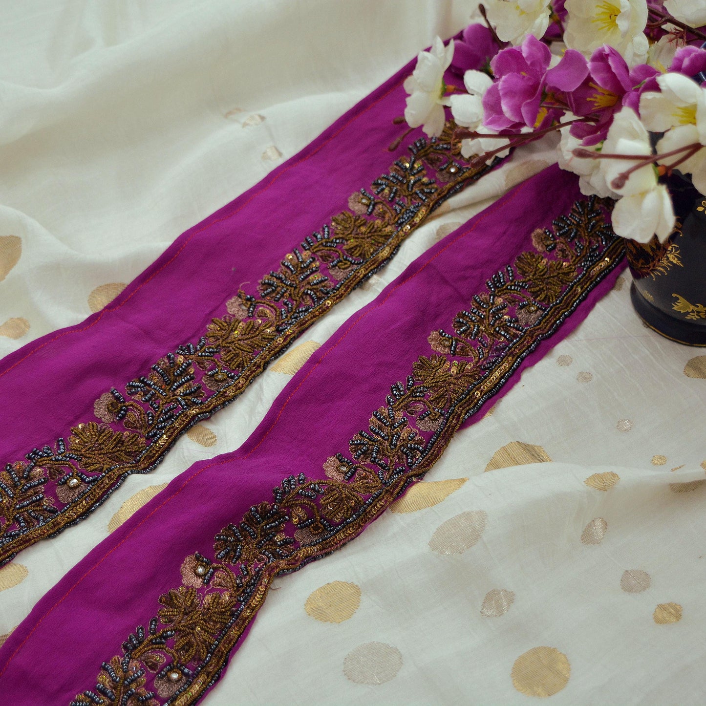 Indian Vintage Purple Sari Border Hand Embroidered Craft Trim Lace Sewing Sari Ribbon Pure Crepe silk Zardozi/Dabka Zari