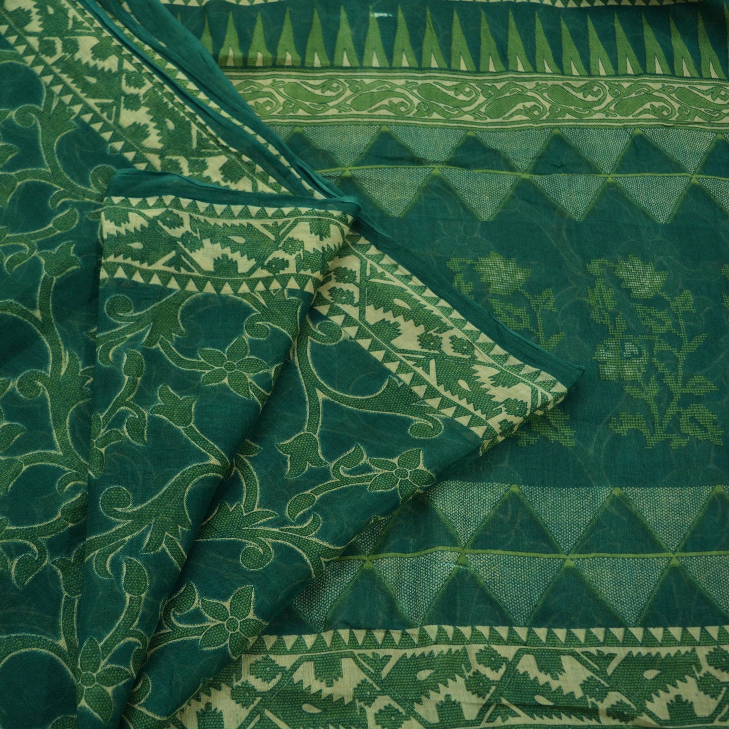 Indian Vintage Green Saree Printed Pure Cotton Sari Craft Fabric Soft 5Yd Sewing Sarong Wrap Boho Floral Dress making Crafting Quilting