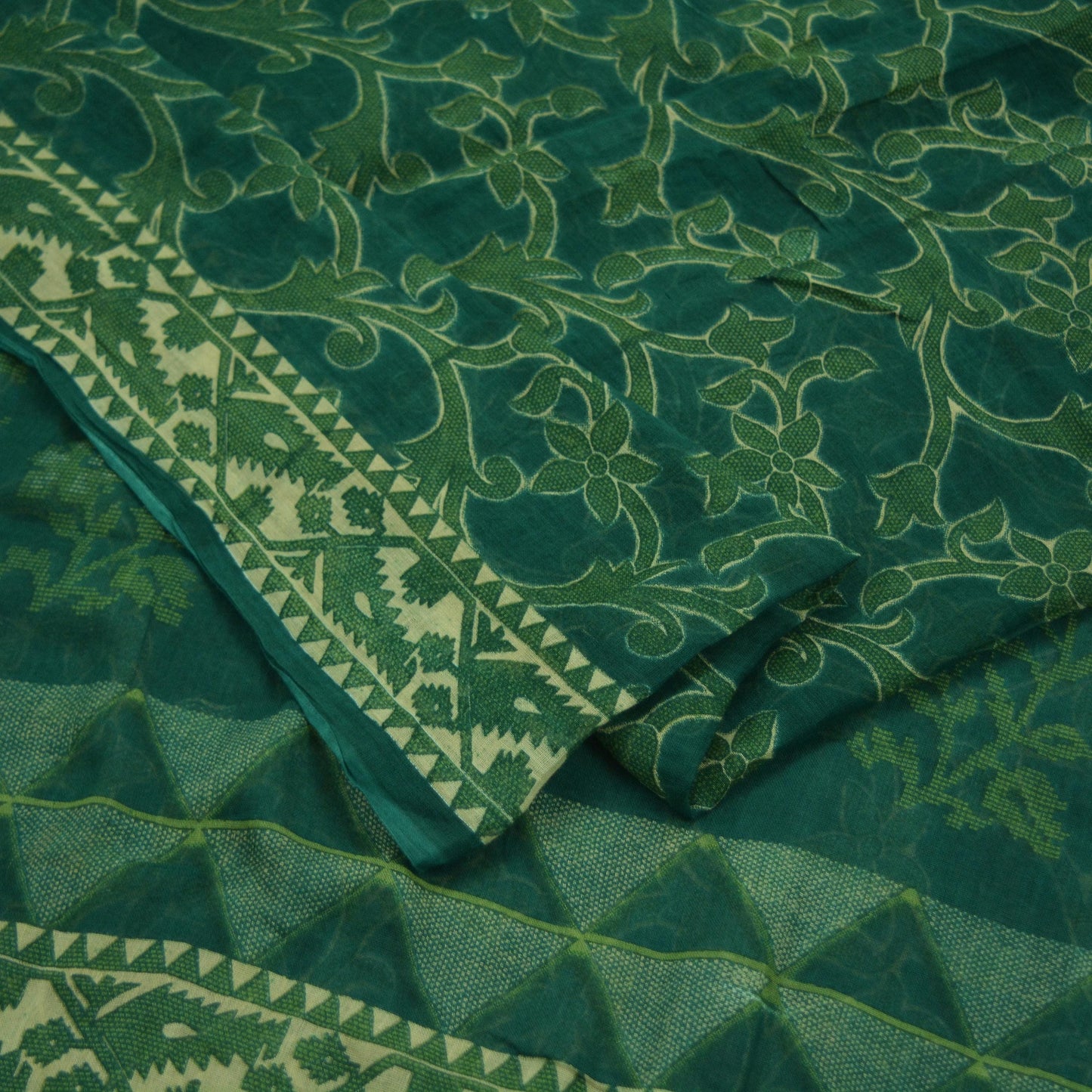 Indian Vintage Green Saree Printed Pure Cotton Sari Craft Fabric Soft 5Yd Sewing Sarong Wrap Boho Floral Dress making Crafting Quilting