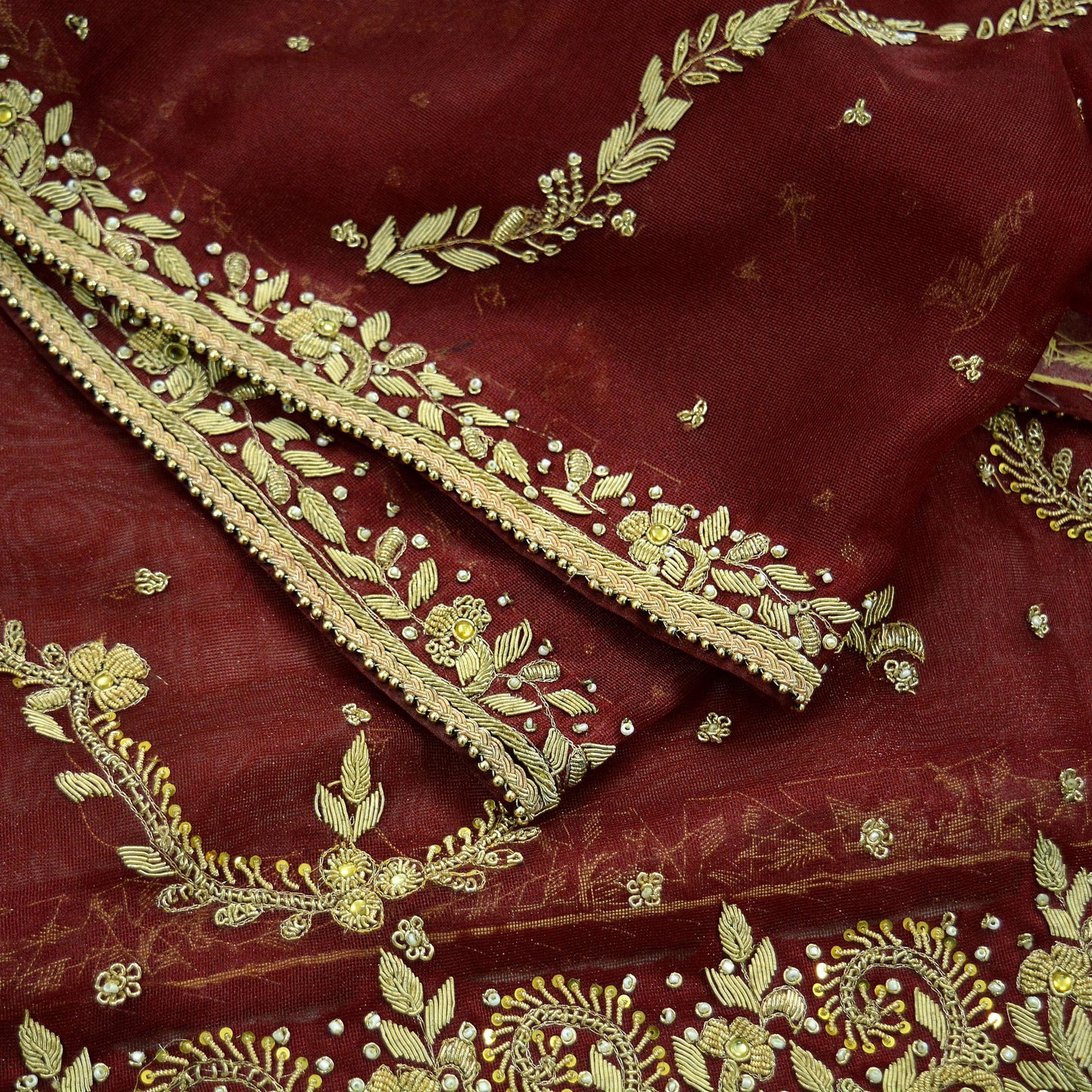 Indian Vintage Heavy Maroon Dupatta Net Mesh Long Stole Hand Embroidered Scarves Golden Zardozi Dabka Zari Stole Wedding/Bridal Veil Hijab
