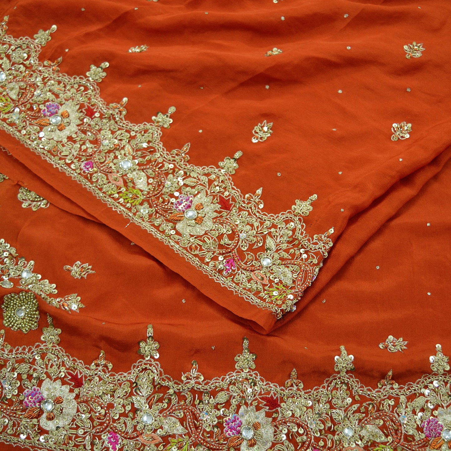 Indian Vintage Heavy Sarees Orange Pure Georgette Silk Hand Embroidered Sari Fabric 5Yd Sewing Ethnic Zardozi/dabka zari Wedding sarees