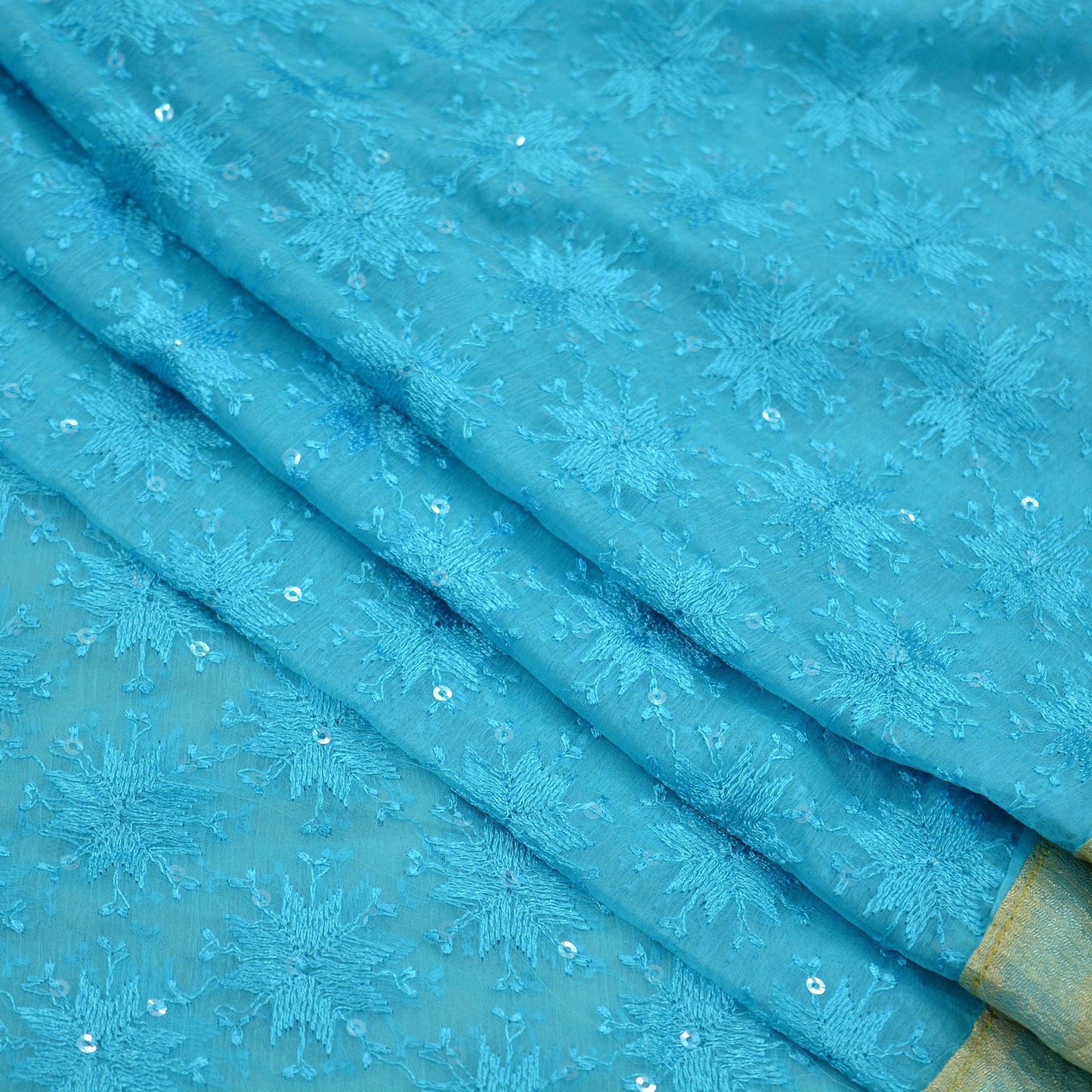 Indian Vintage Blue Dupatta Long Stole Chiffon Hand Embroidered Bagh Phulkari Stole Scarves Golden lace