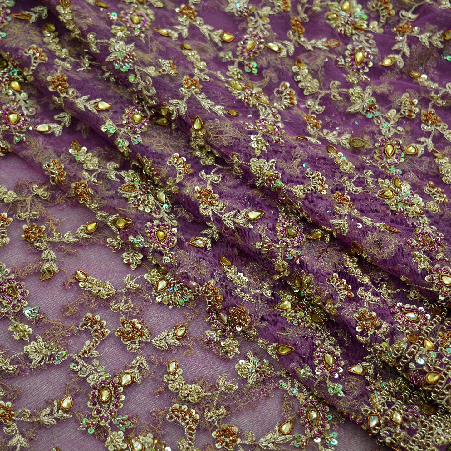 Indian Vintage Heavy Purple Dupatta Net Mesh Long Stole Hand Embroidered Scarves Golden Zardozi Dabka Zari Bridal/Wedding Veil