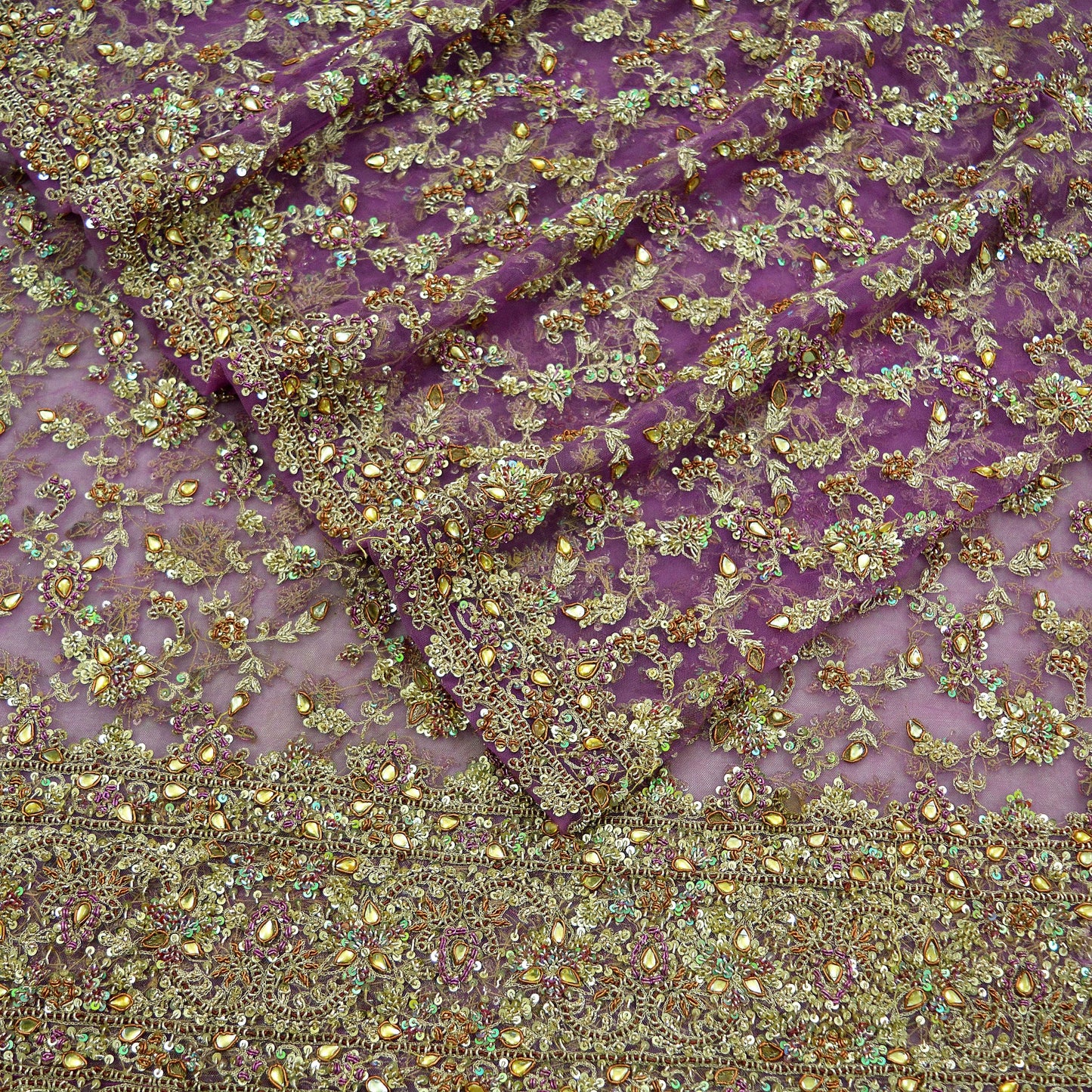 Indian Vintage Heavy Purple Dupatta Net Mesh Long Stole Hand Embroidered Scarves Golden Zardozi Dabka Zari Bridal/Wedding Veil