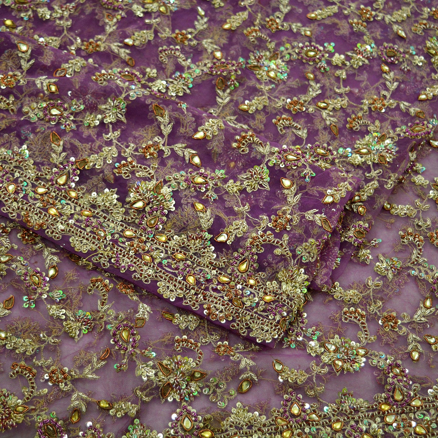 Indian Vintage Heavy Purple Dupatta Net Mesh Long Stole Hand Embroidered Scarves Golden Zardozi Dabka Zari Bridal/Wedding Veil