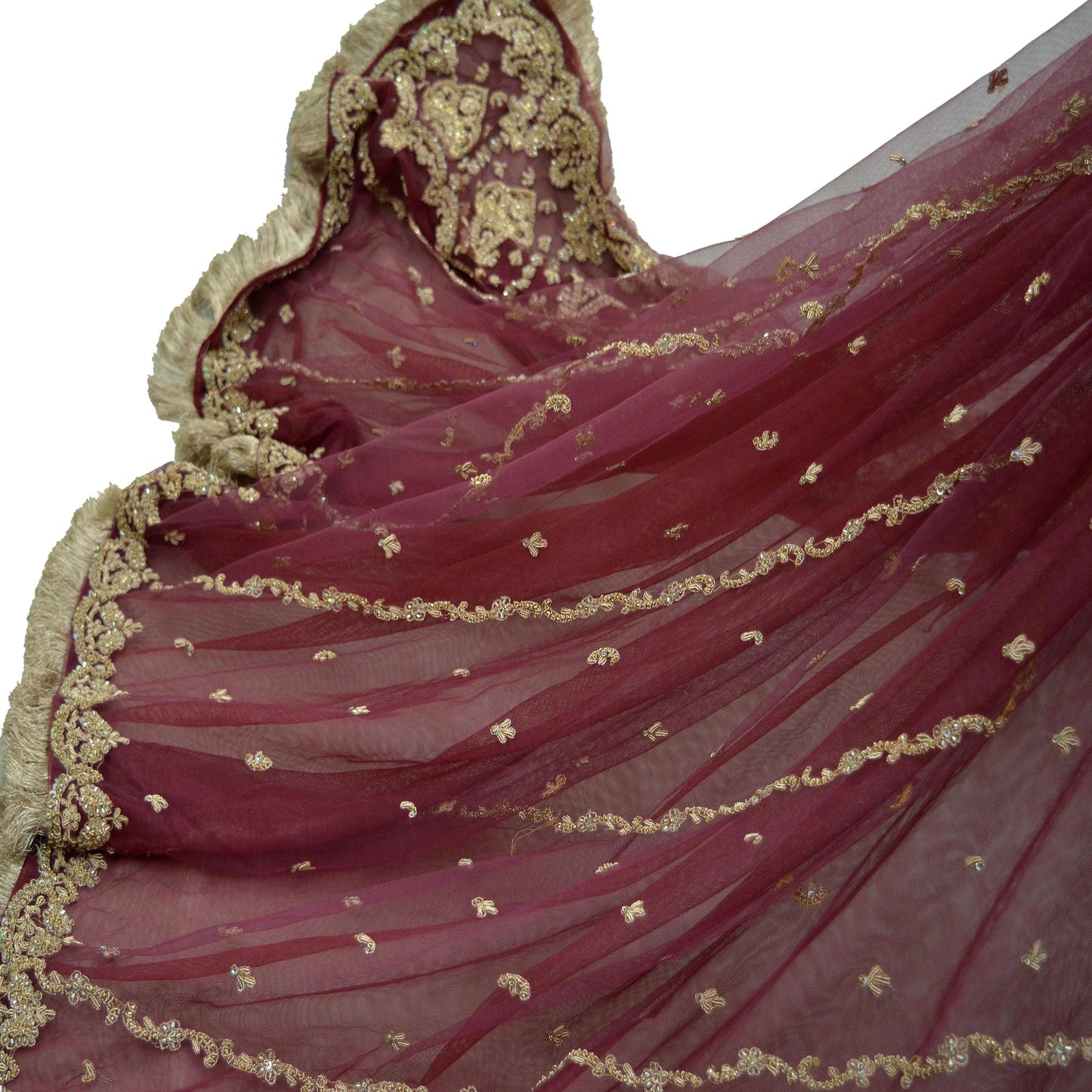 Indian Vintage Heavy Mauve Dupatta Net Mesh Long Stole Hand Embroidered Scarves Zardozi/ Dabka Zari Sequins Bridal Wear Wedding Veil