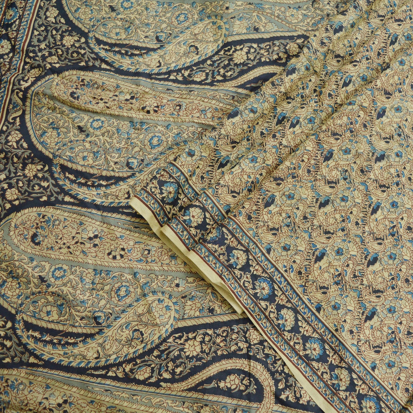 Indian Vintage Beige Saree Pure Silk Printed Sari Craft Fabric 6yd Sewing Craft Dress Making Soft Paisley Quilting Crafting Upcycle Used