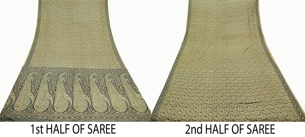 Indian Vintage Beige Saree Pure Silk Printed Sari Craft Fabric 6yd Sewing Craft Dress Making Soft Paisley Quilting Crafting Upcycle Used