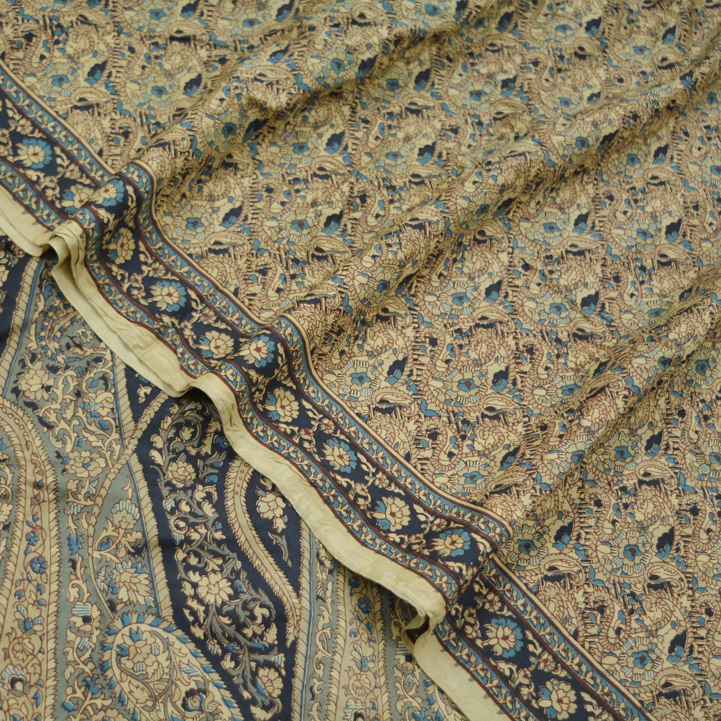 Indian Vintage Beige Saree Pure Silk Printed Sari Craft Fabric 6yd Sewing Craft Dress Making Soft Paisley Quilting Crafting Upcycle Used