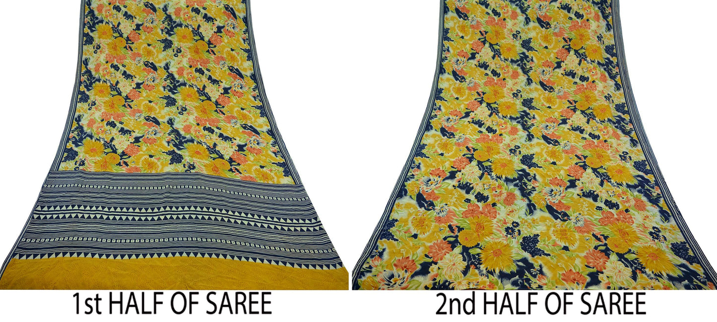 Indian Vintage Sari Mustard & Blue Pure Crepe Silk Printed Saree 5yd Sewing Soft Craft Fabric Wrap Dress making Crafting Quilting Designing